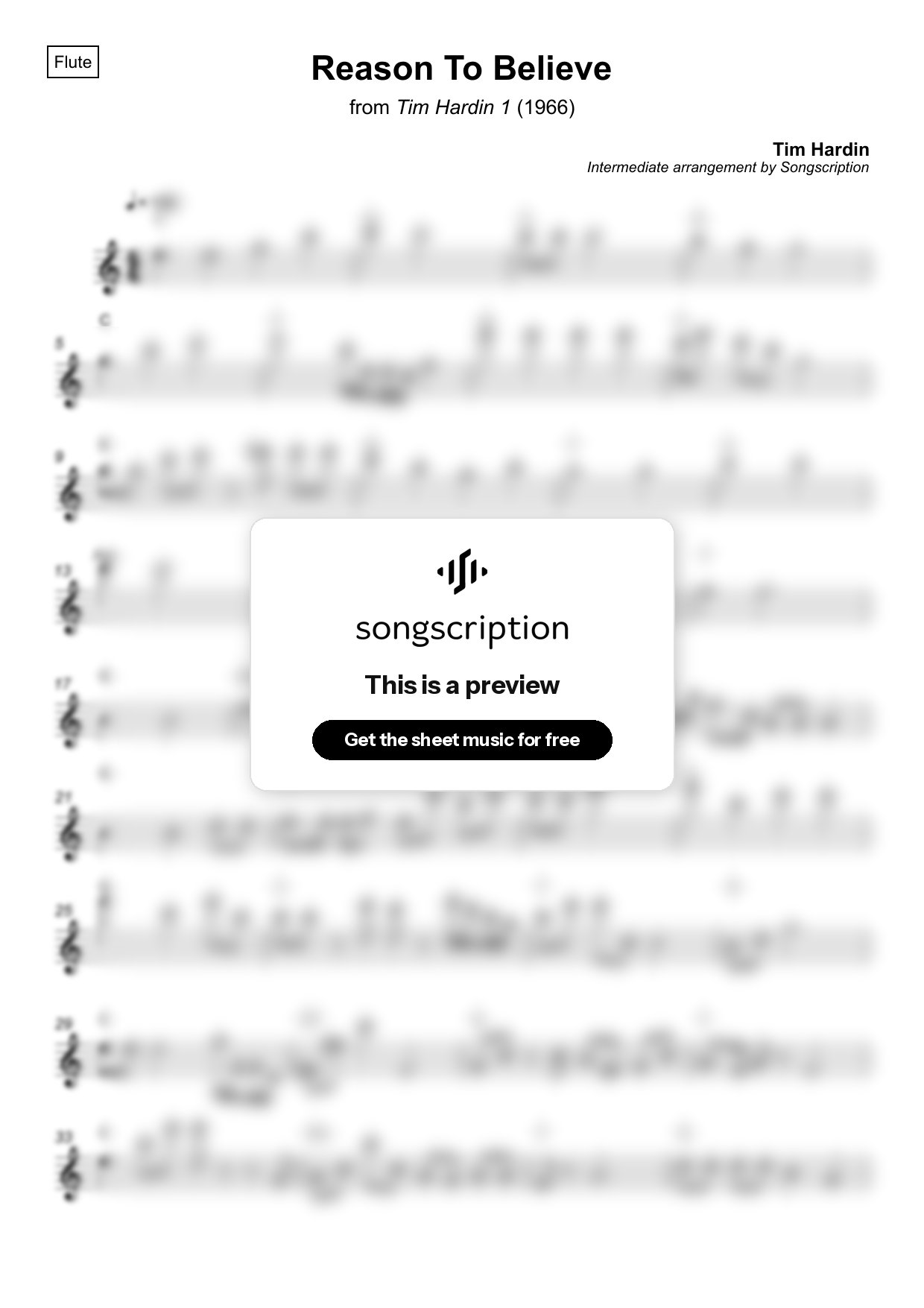 Intermediate Flute Sheet Music for "Reason To Believe" by Tim Hardin