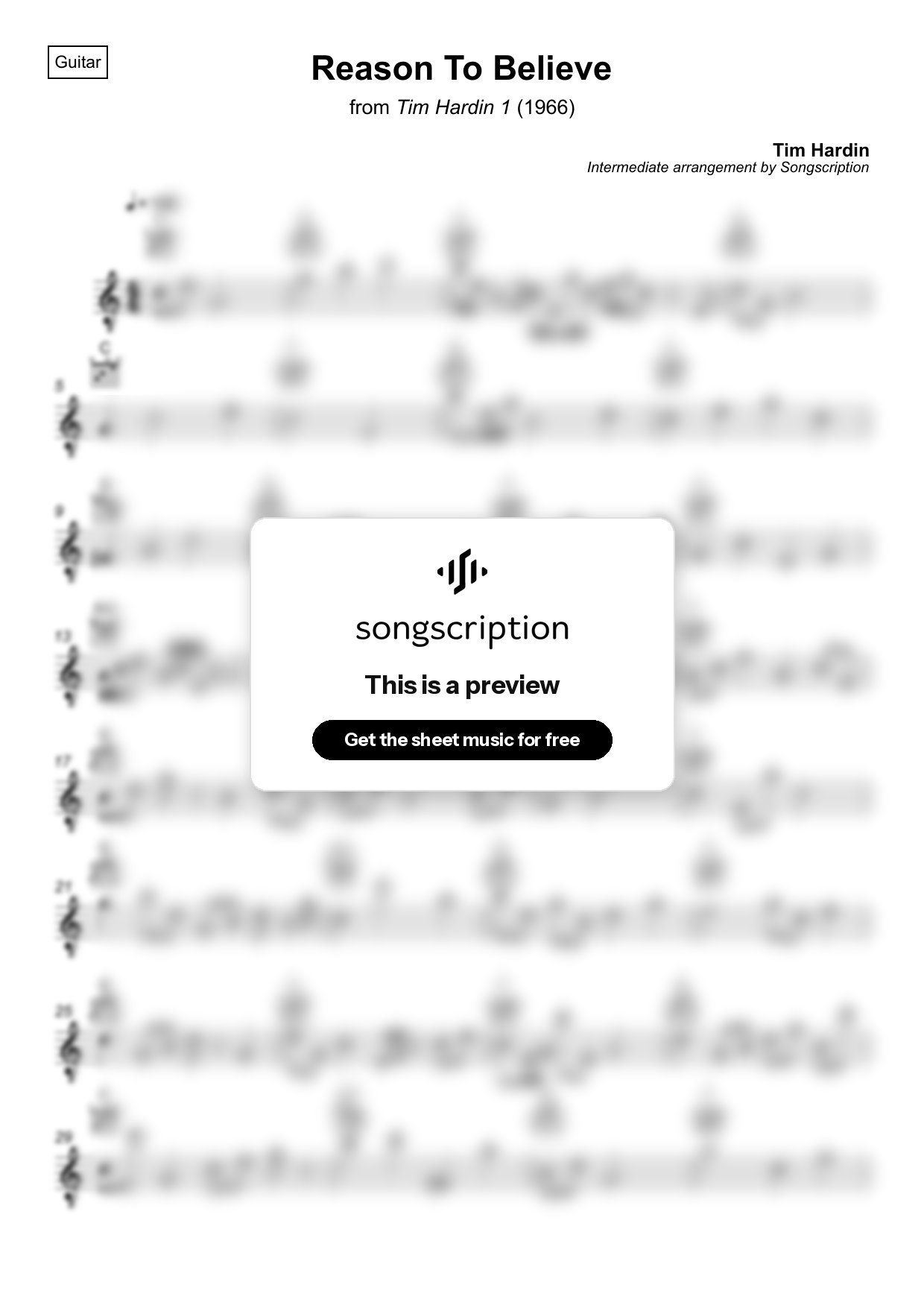 Intermediate Acoustic Guitar Sheet Music for "Reason To Believe" by Tim Hardin