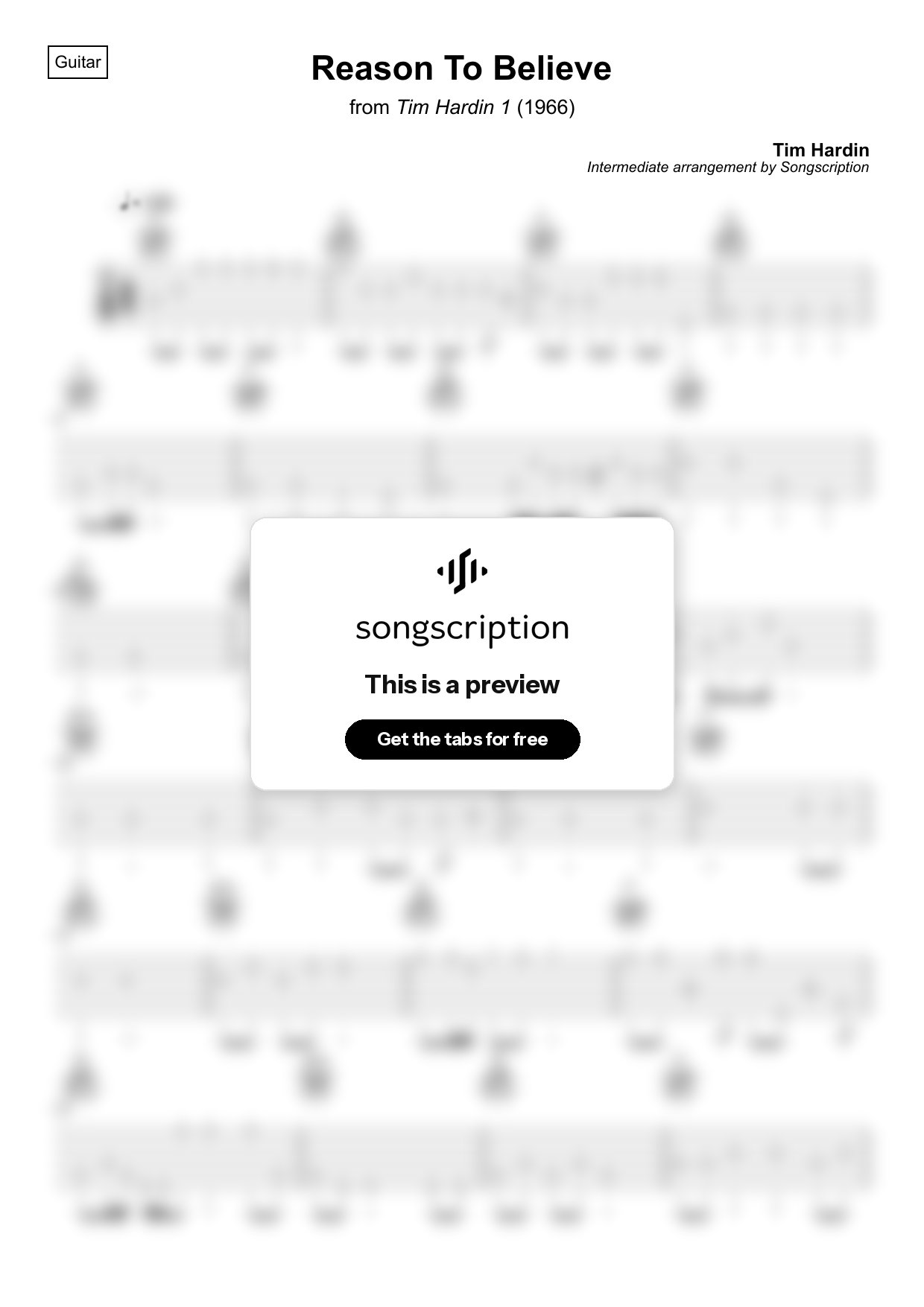 Intermediate Acoustic Guitar Tabs for "Reason To Believe" by Tim Hardin