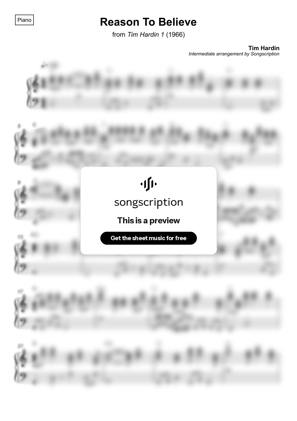 Intermediate Piano Sheet Music for "Reason To Believe" by Tim Hardin