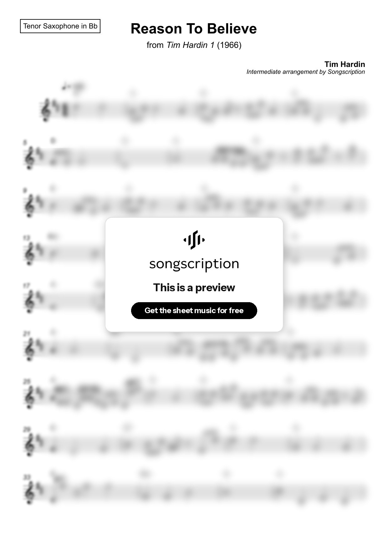 Intermediate Tenor Sax Sheet Music for "Reason To Believe" by Tim Hardin