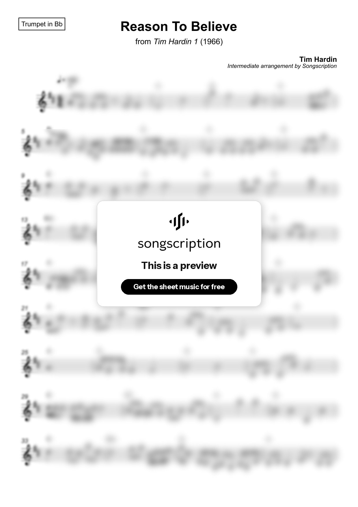 Intermediate Trumpet Sheet Music for "Reason To Believe" by Tim Hardin