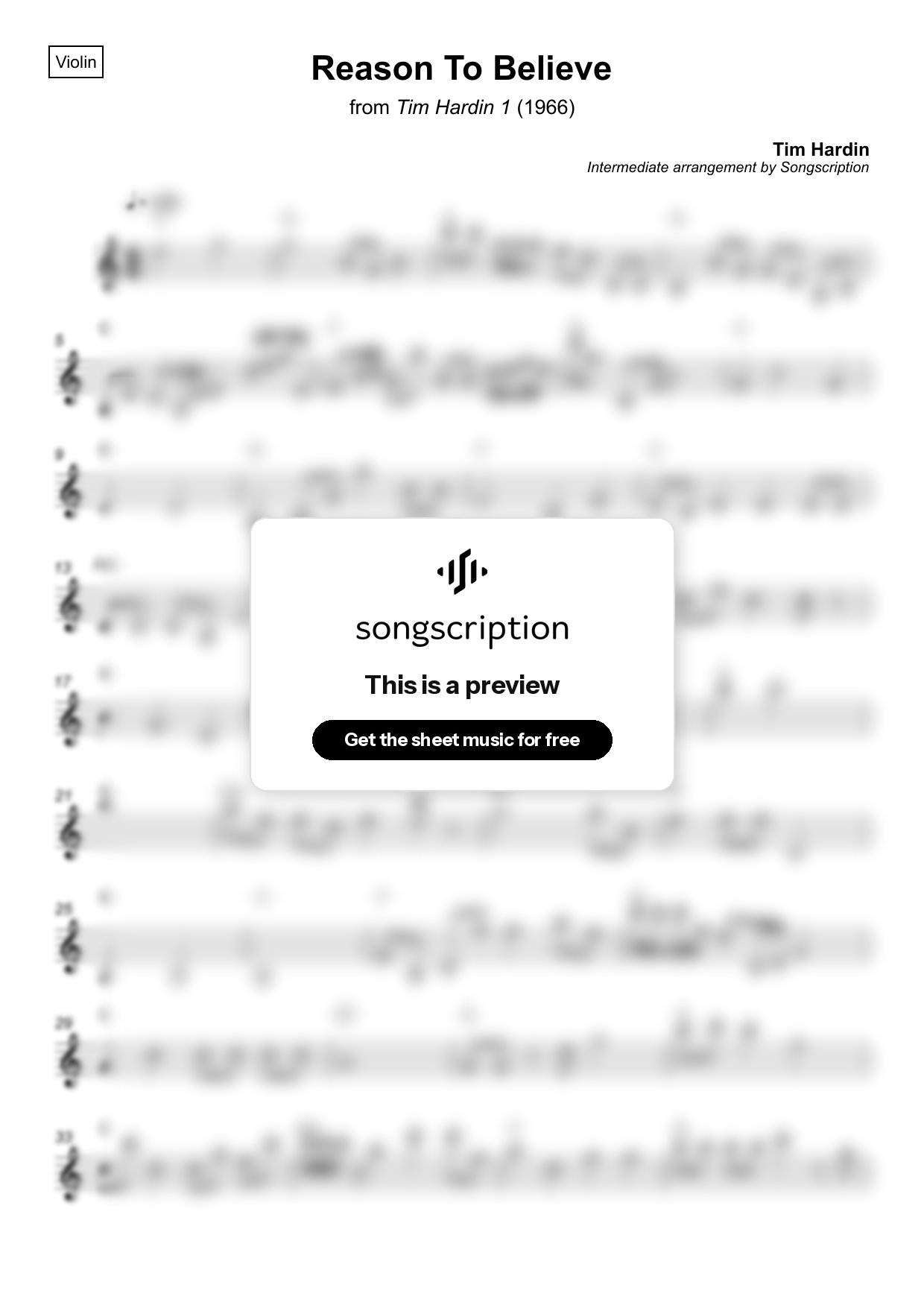 Intermediate Violin Sheet Music for "Reason To Believe" by Tim Hardin