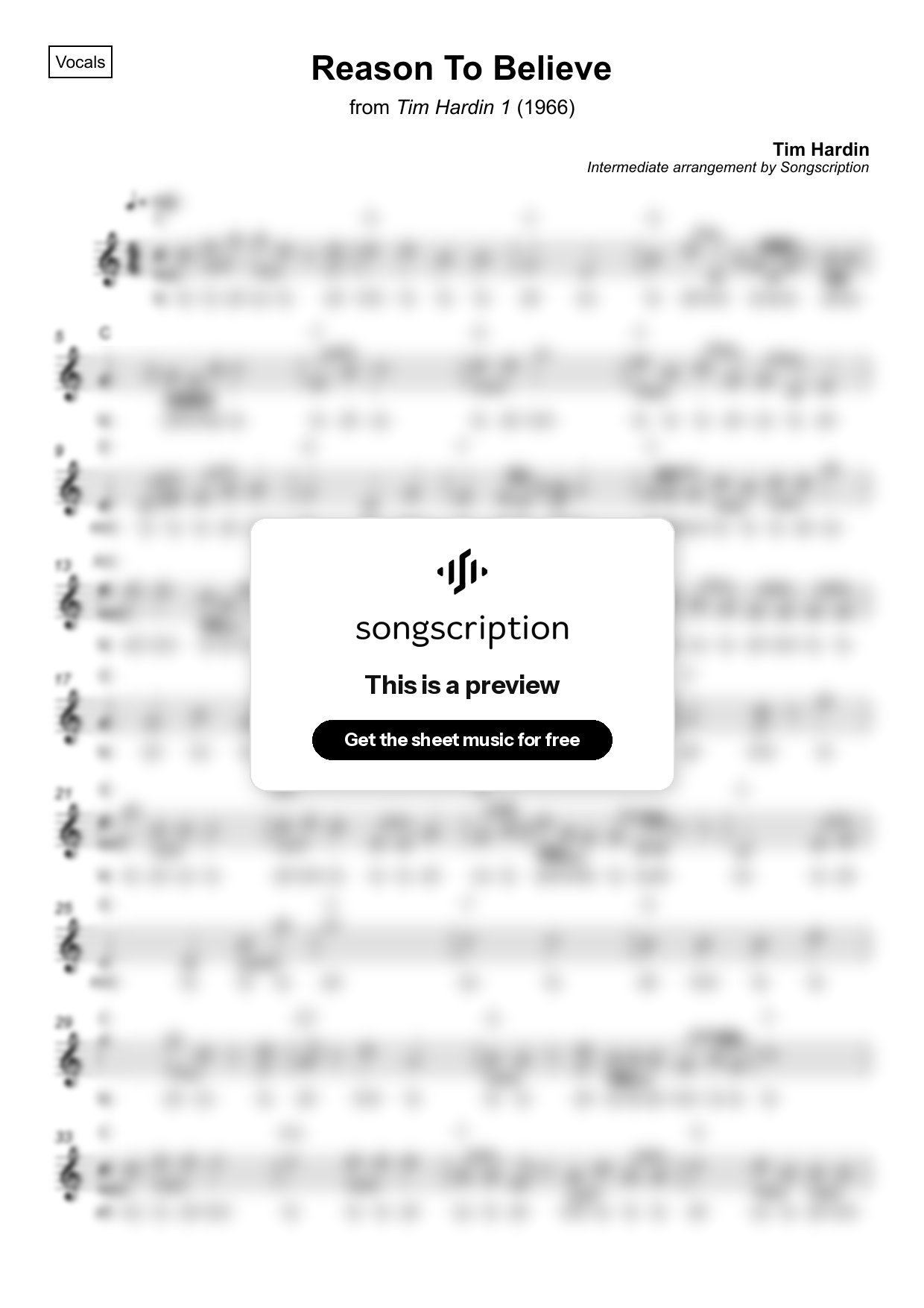 Intermediate Vocals Sheet Music for "Reason To Believe" by Tim Hardin
