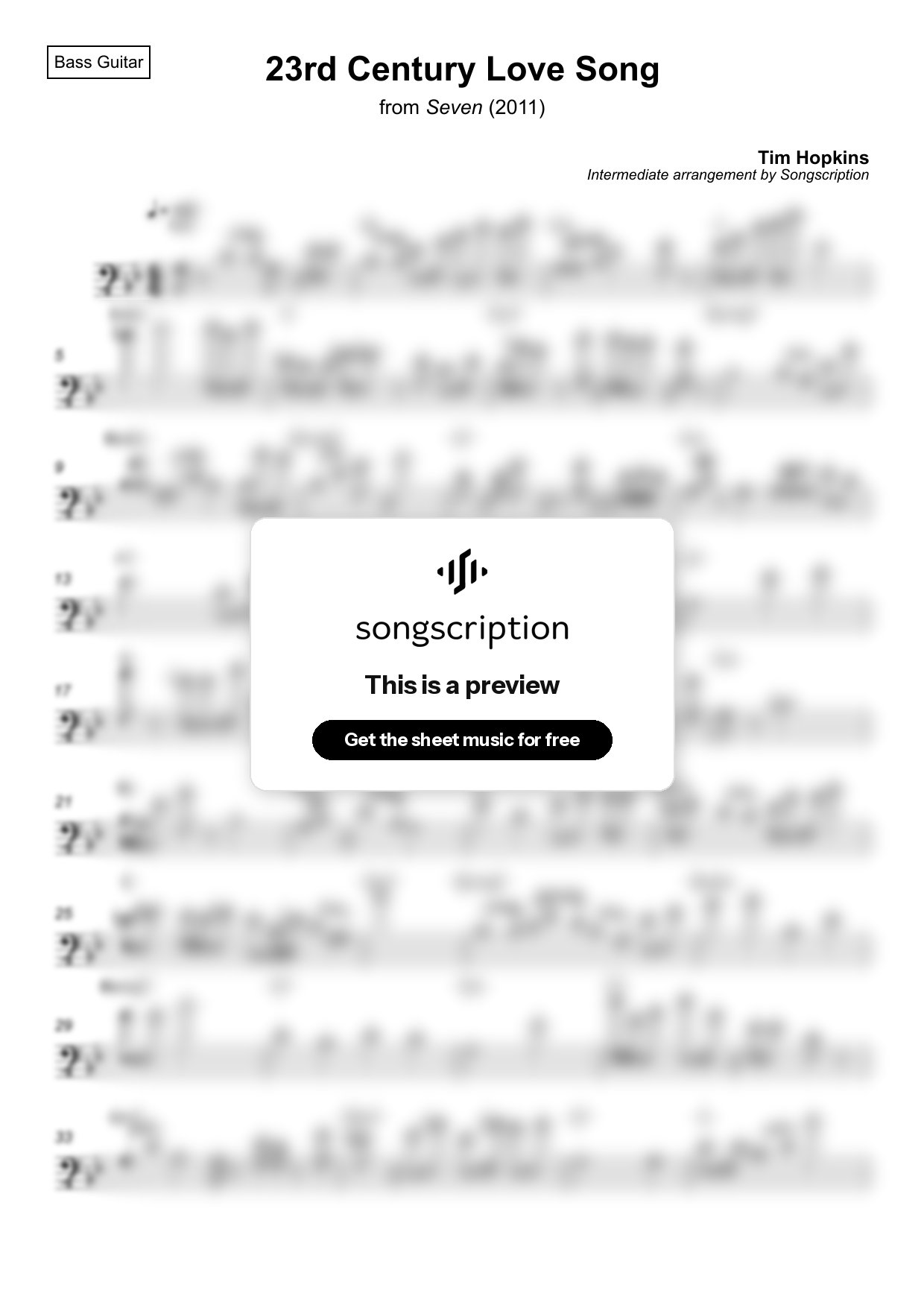 Intermediate Bass Guitar Sheet Music for "23rd Century Love Song" by Tim Hopkins