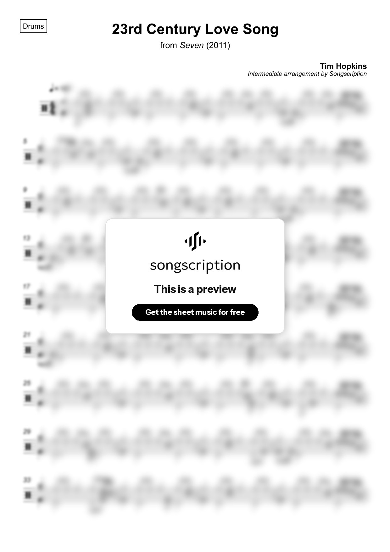 Intermediate Drums Sheet Music for "23rd Century Love Song" by Tim Hopkins