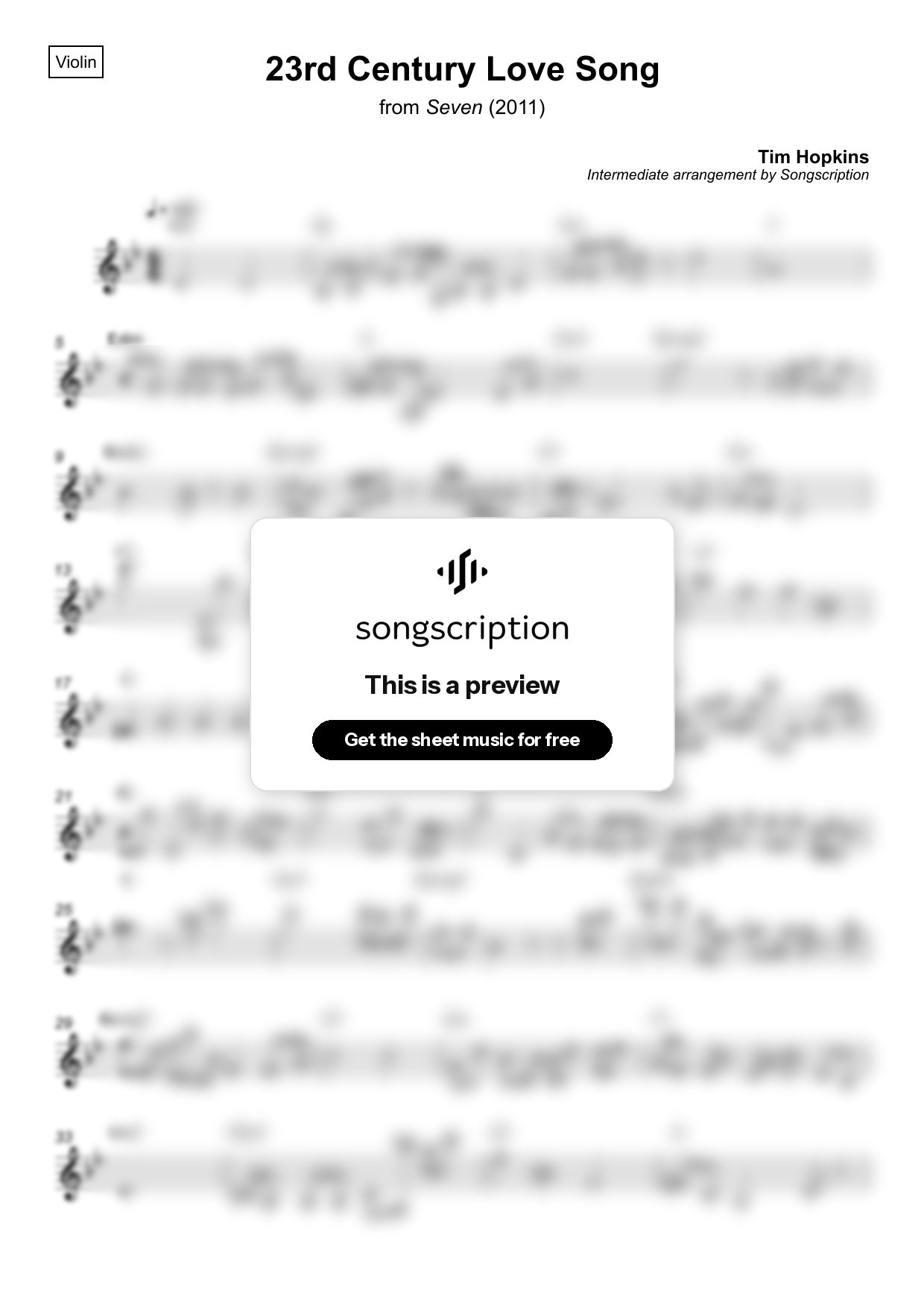 Intermediate Violin Sheet Music for "23rd Century Love Song" by Tim Hopkins