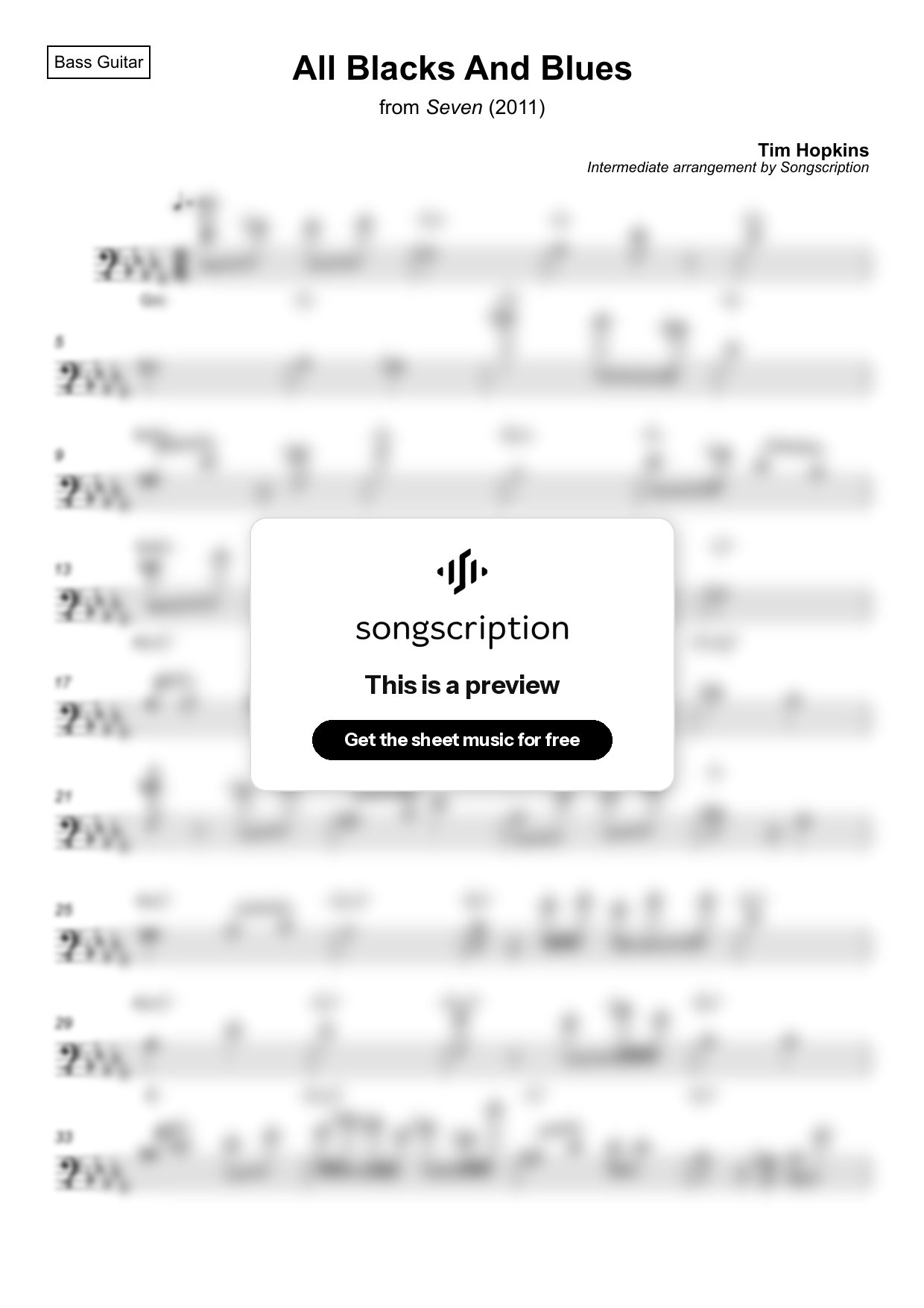 Intermediate Bass Guitar Sheet Music for "All Blacks And Blues" by Tim Hopkins