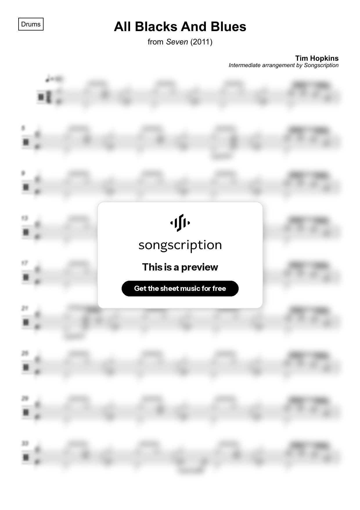 Intermediate Drums Sheet Music for "All Blacks And Blues" by Tim Hopkins