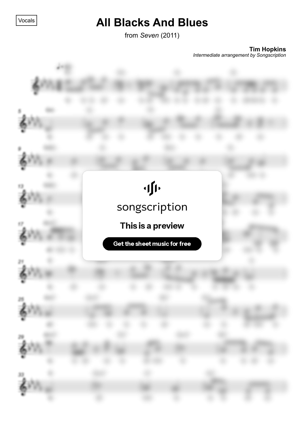 Intermediate Vocals Sheet Music for "All Blacks And Blues" by Tim Hopkins
