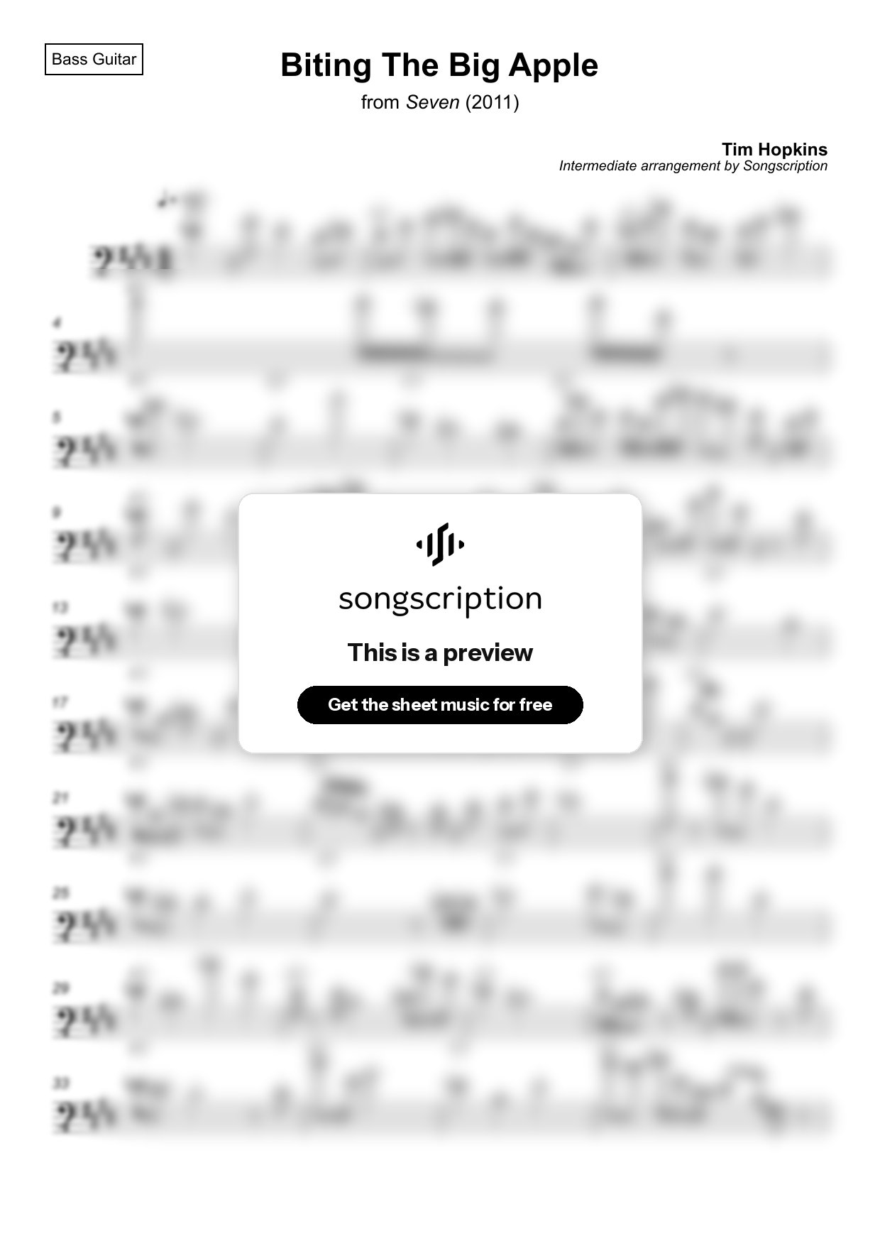 Intermediate Bass Guitar Sheet Music for "Biting The Big Apple" by Tim Hopkins
