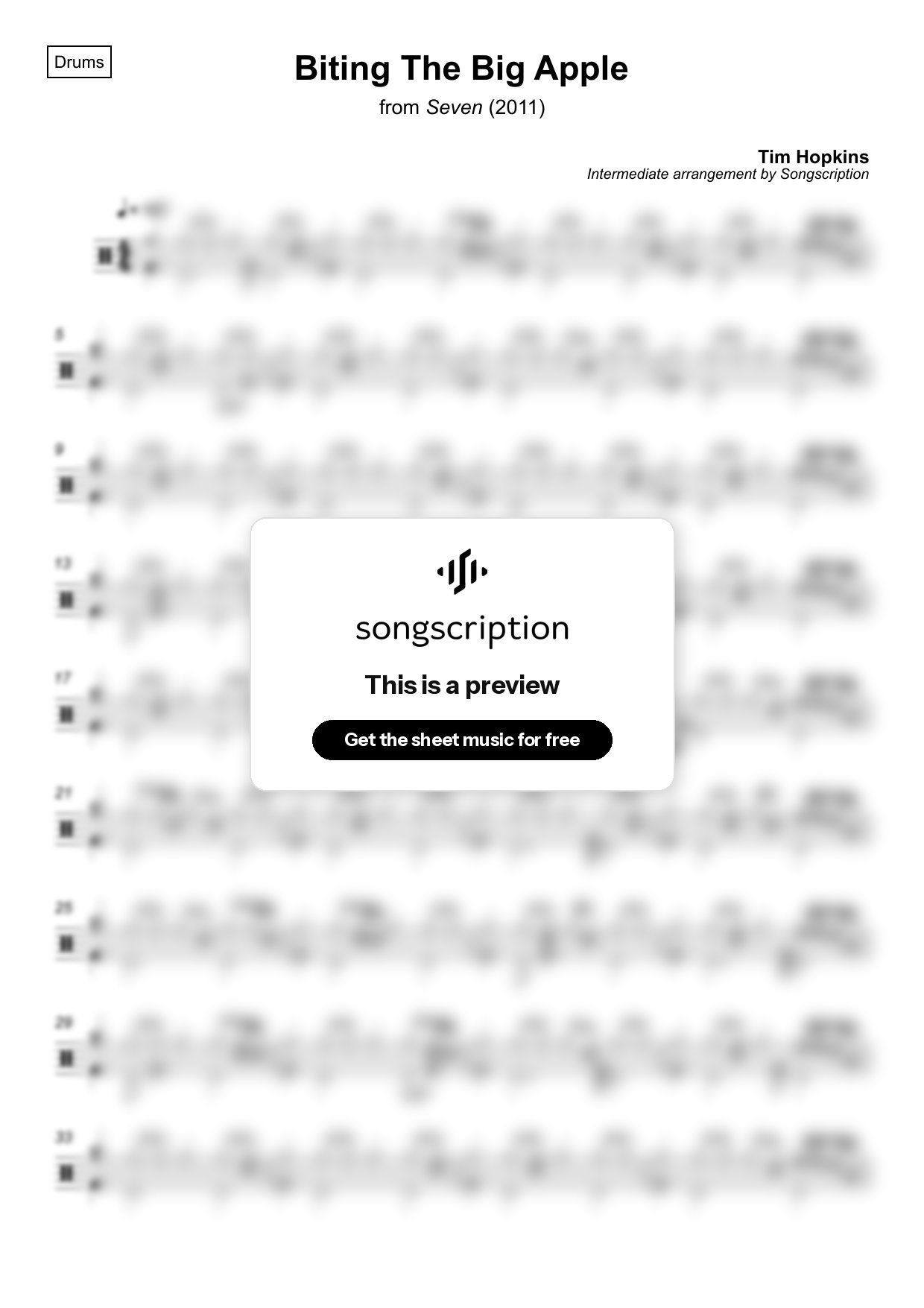Intermediate Drums Sheet Music for "Biting The Big Apple" by Tim Hopkins