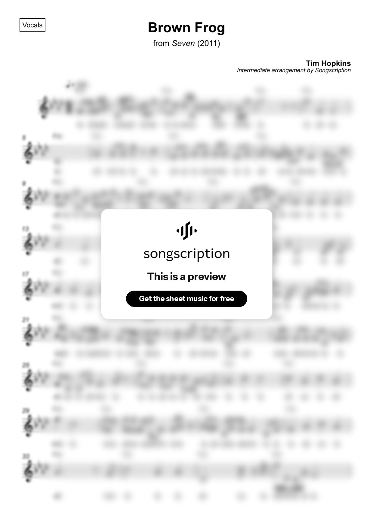 Intermediate Vocals Sheet Music for "Brown Frog" by Tim Hopkins