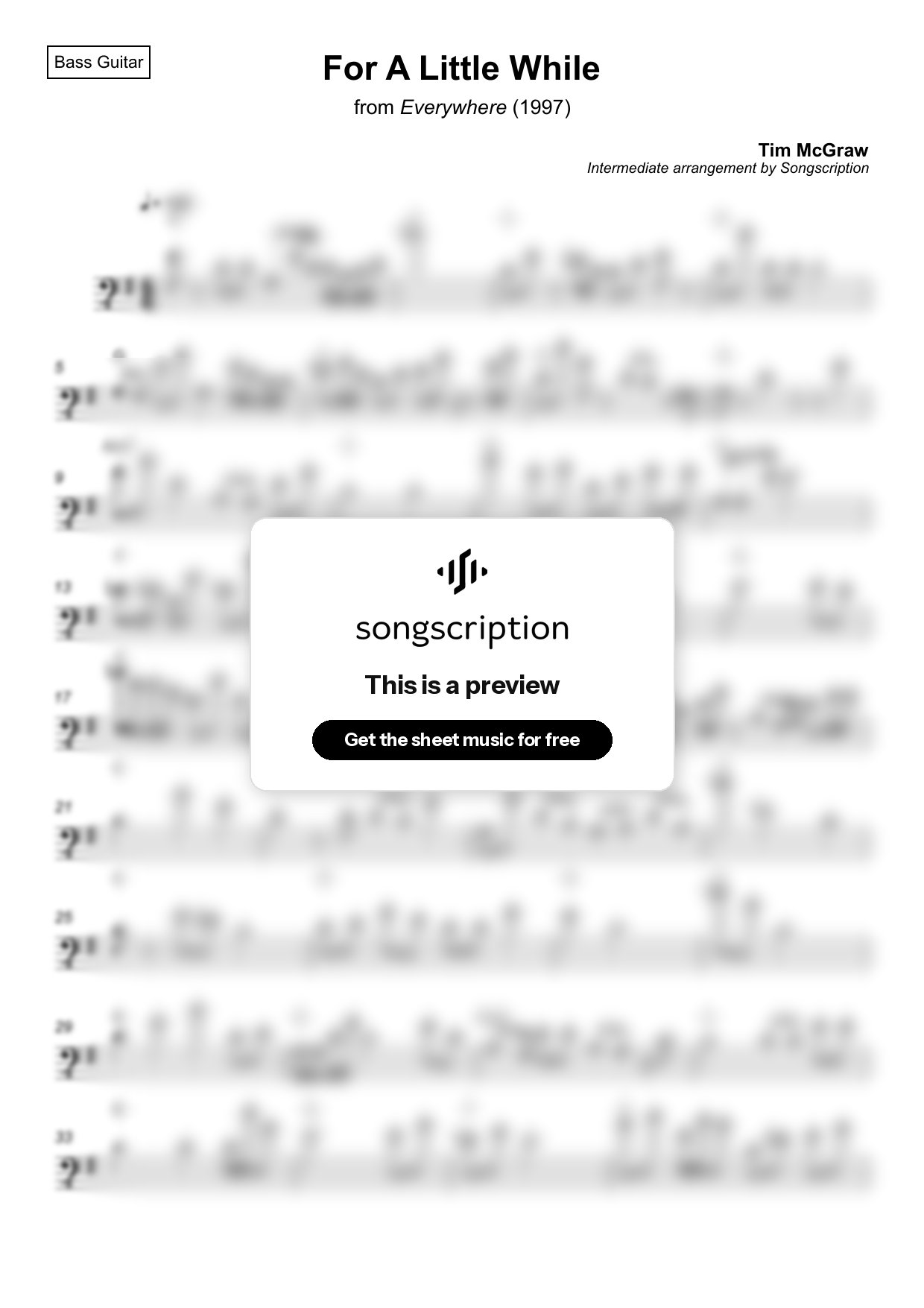 Intermediate Bass Guitar Sheet Music for "For A Little While" by Tim McGraw