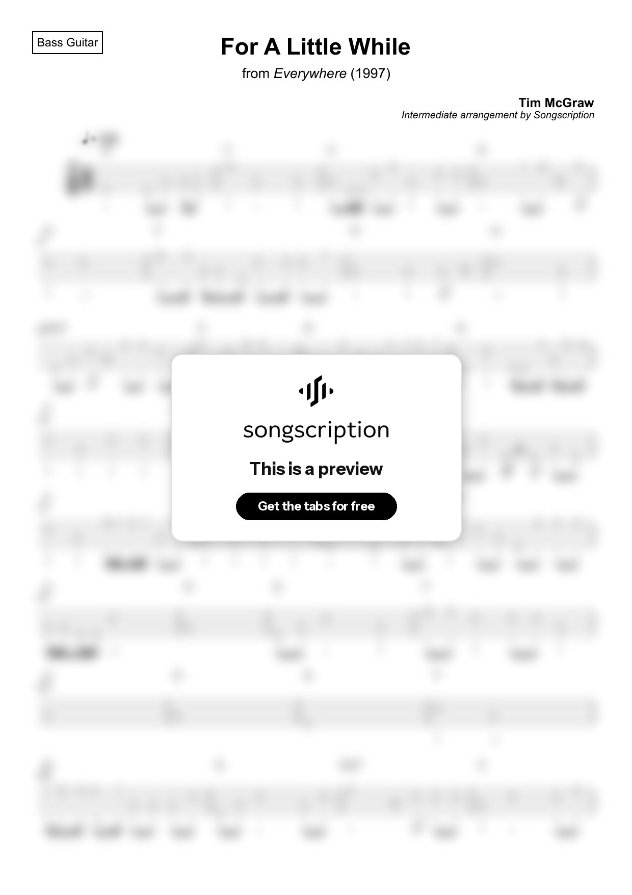 Intermediate Bass Guitar Tabs for "For A Little While" by Tim McGraw