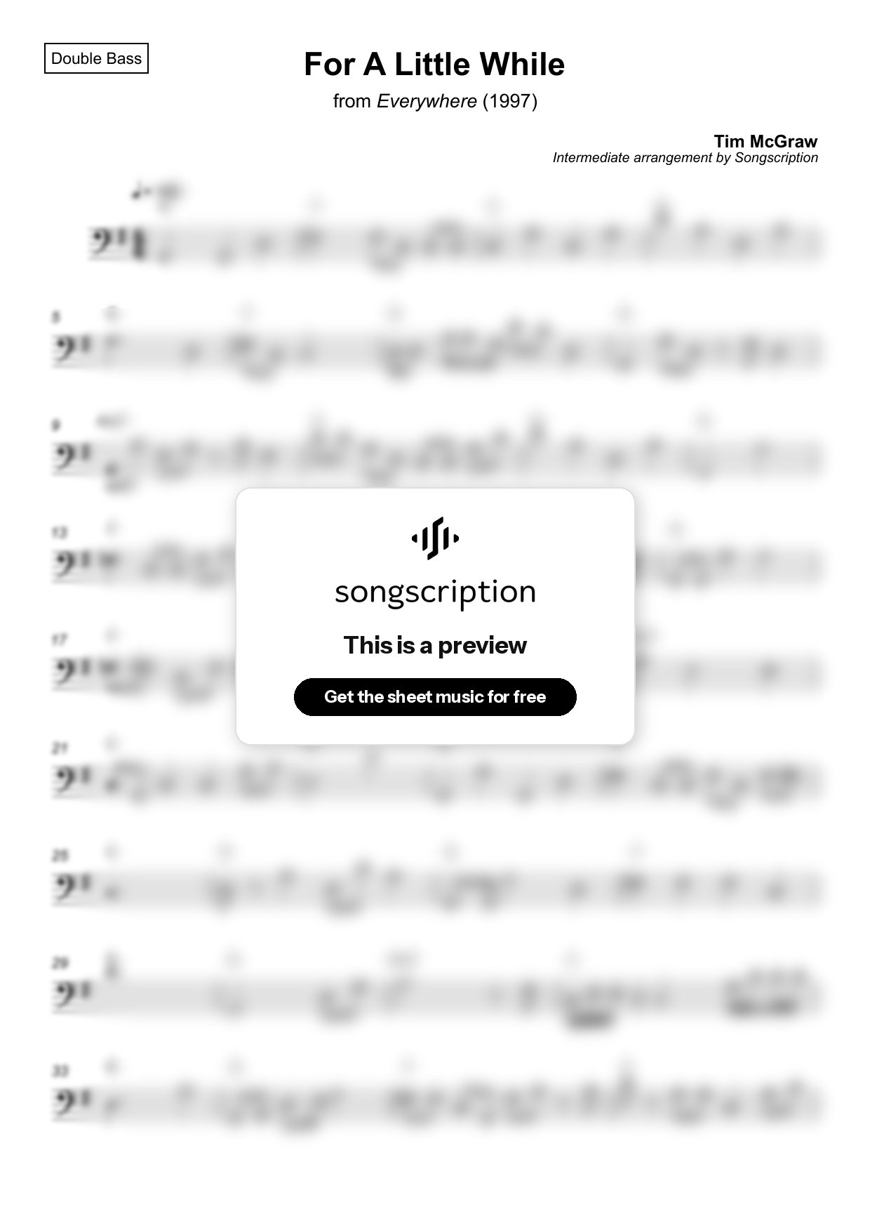 Intermediate Double Bass Sheet Music for "For A Little While" by Tim McGraw