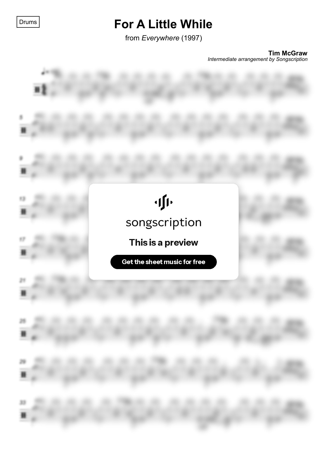 Intermediate Drums Sheet Music for "For A Little While" by Tim McGraw