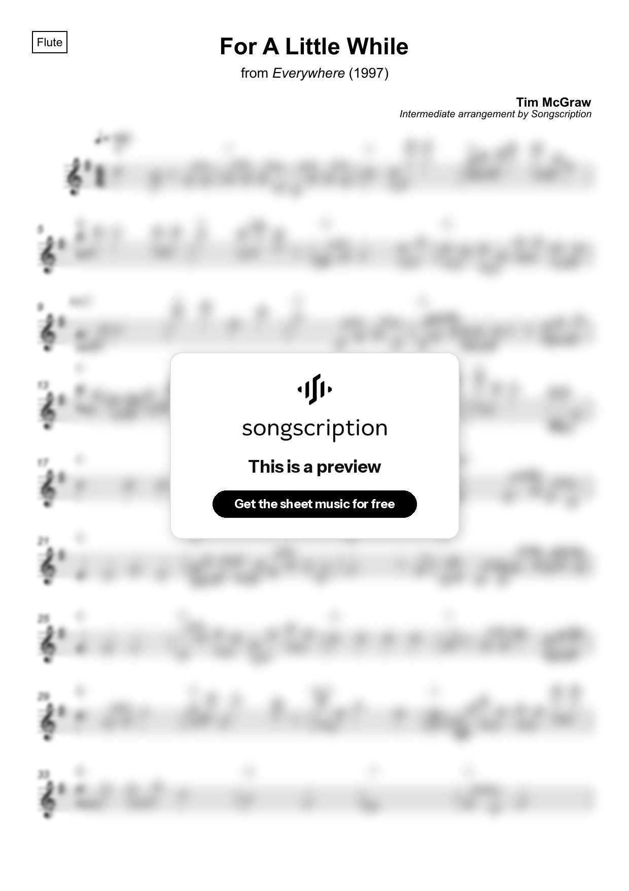 Intermediate Flute Sheet Music for "For A Little While" by Tim McGraw