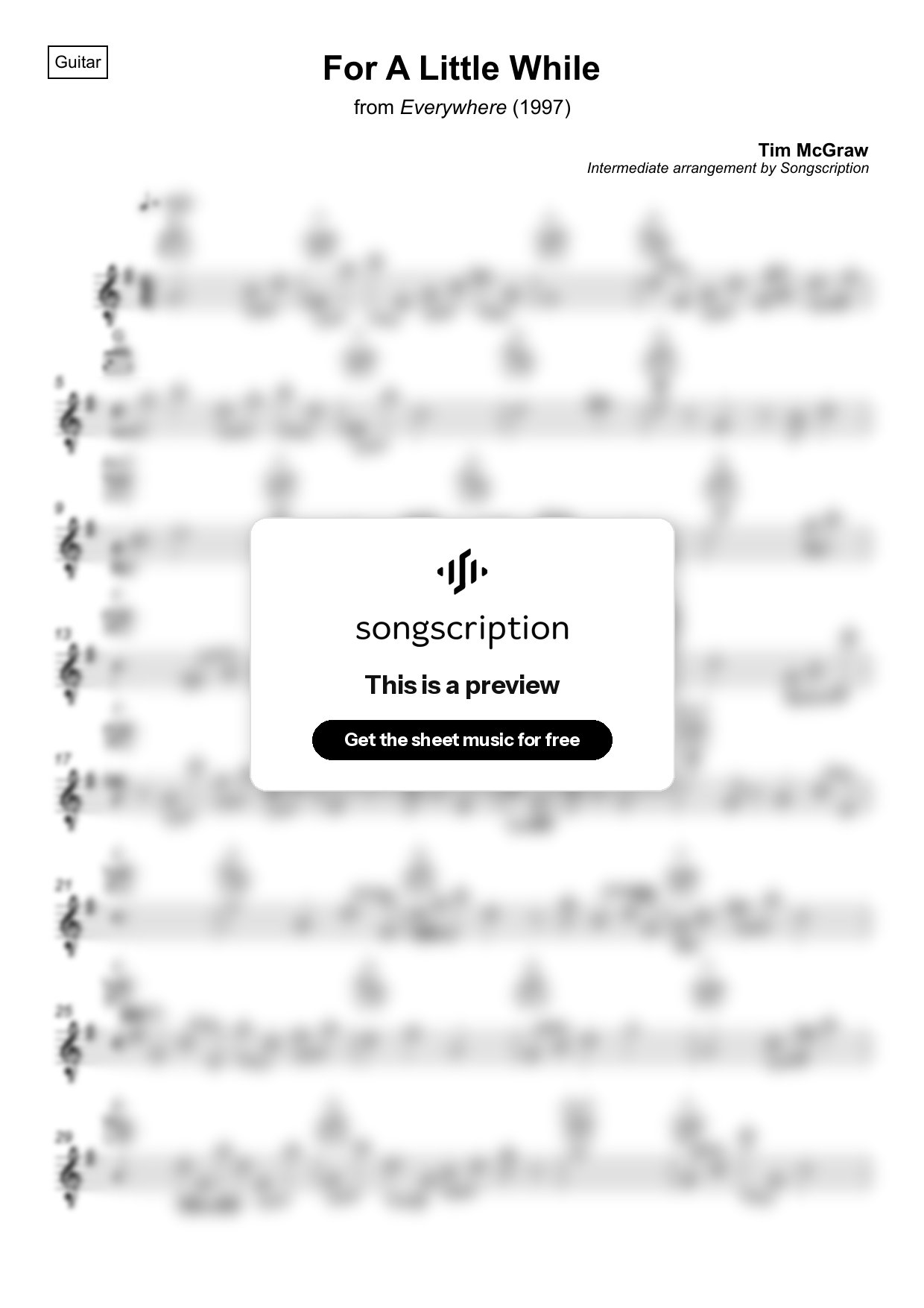 Intermediate Acoustic Guitar Sheet Music for "For A Little While" by Tim McGraw