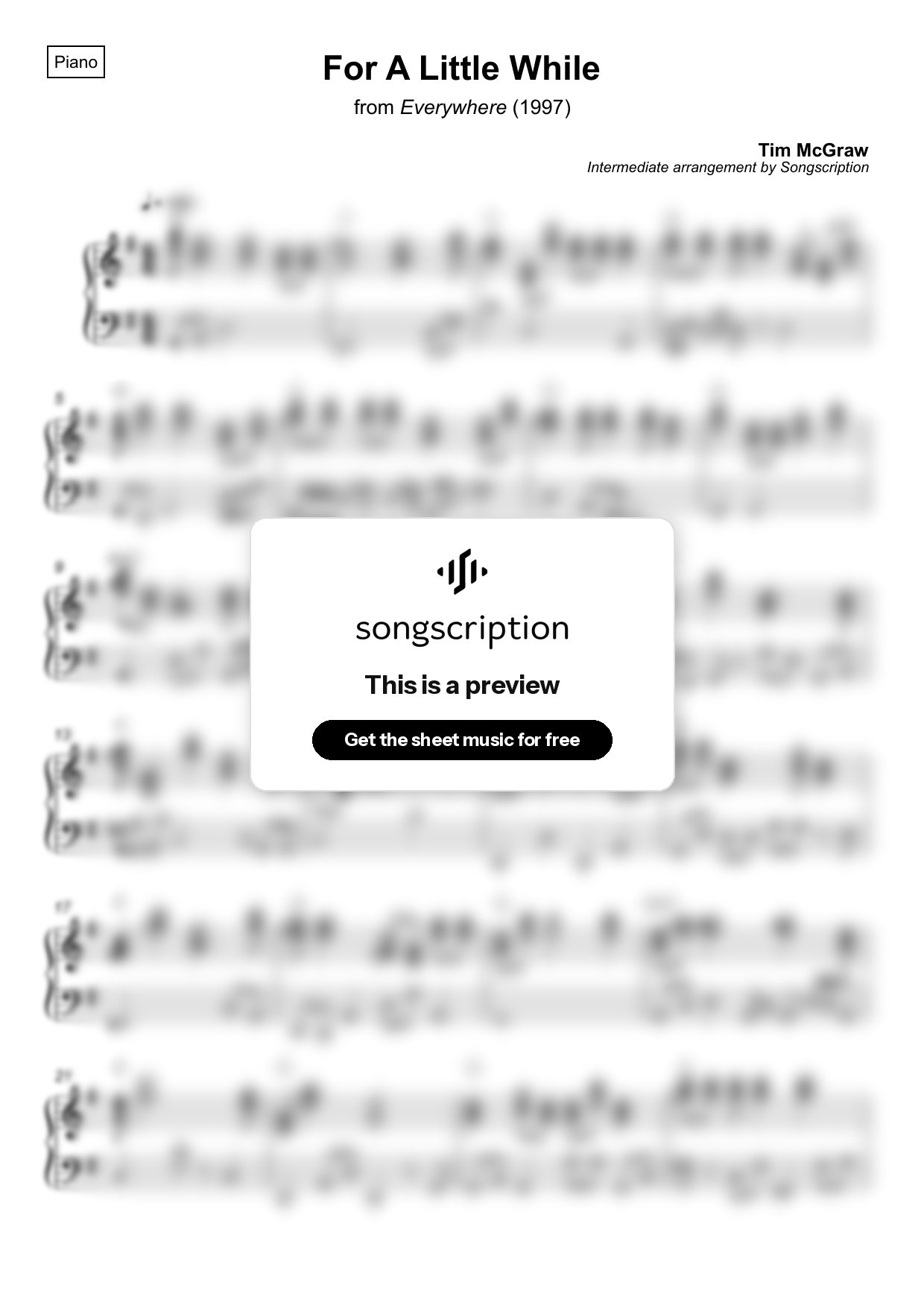 Intermediate Piano Sheet Music for "For A Little While" by Tim McGraw
