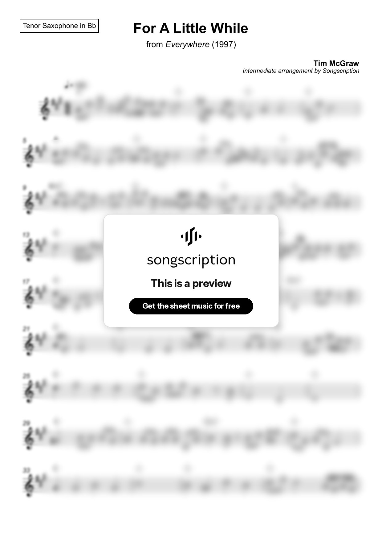 Intermediate Tenor Sax Sheet Music for "For A Little While" by Tim McGraw