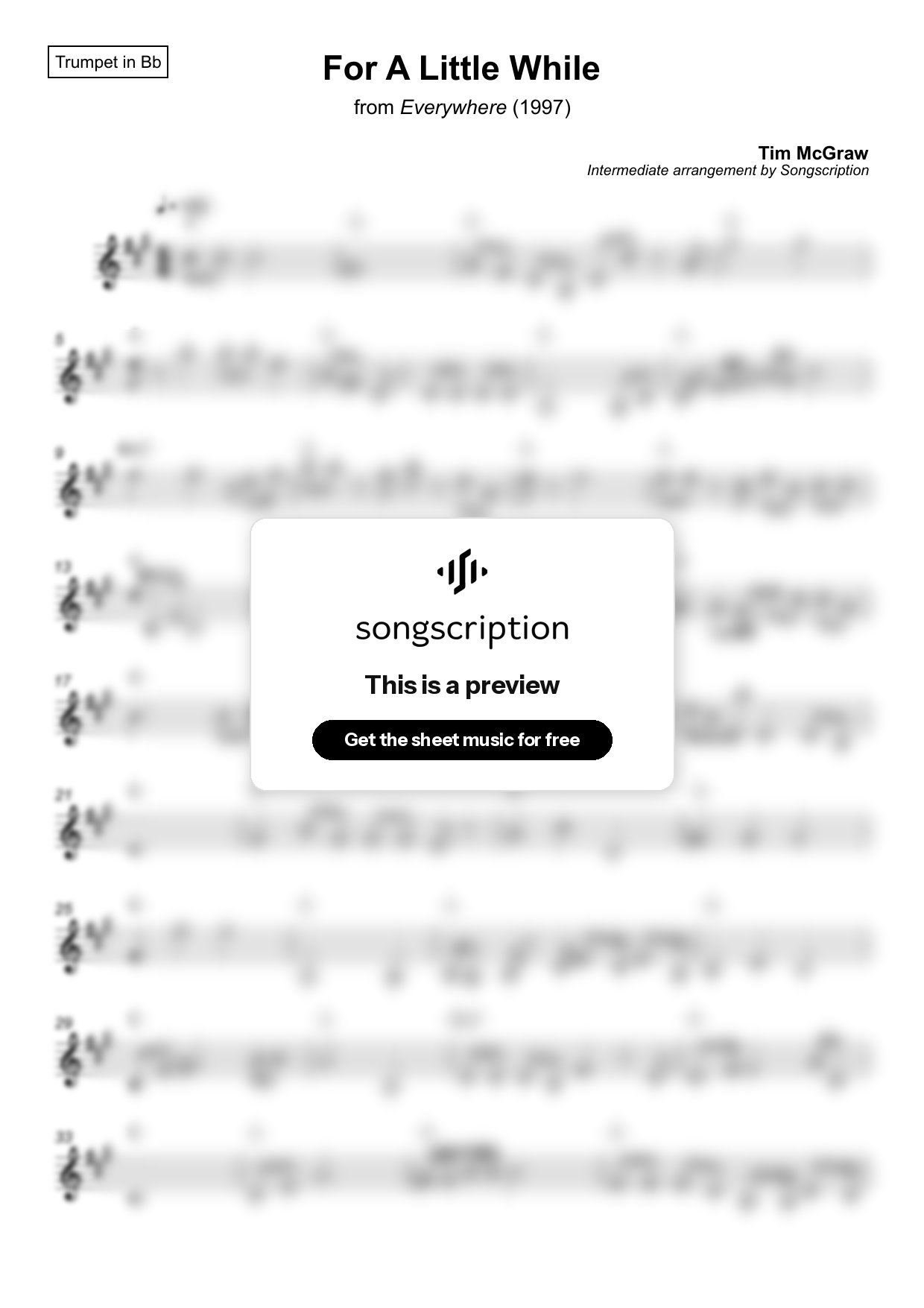 Intermediate Trumpet Sheet Music for "For A Little While" by Tim McGraw