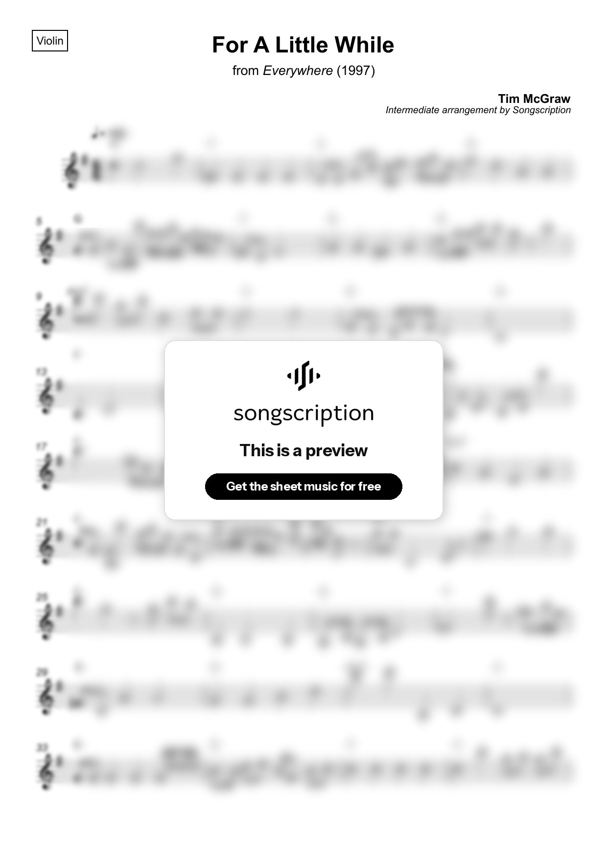 Intermediate Violin Sheet Music for "For A Little While" by Tim McGraw