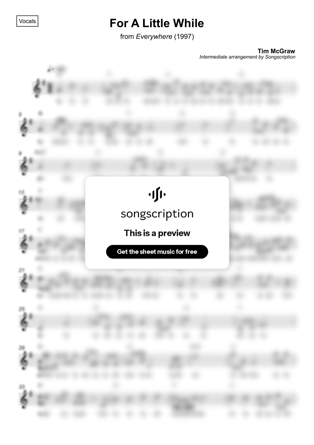 Intermediate Vocals Sheet Music for "For A Little While" by Tim McGraw