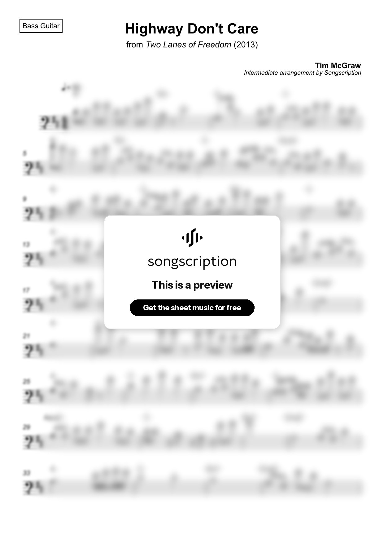 Intermediate Bass Guitar Sheet Music for "Highway Don't Care" by Tim McGraw