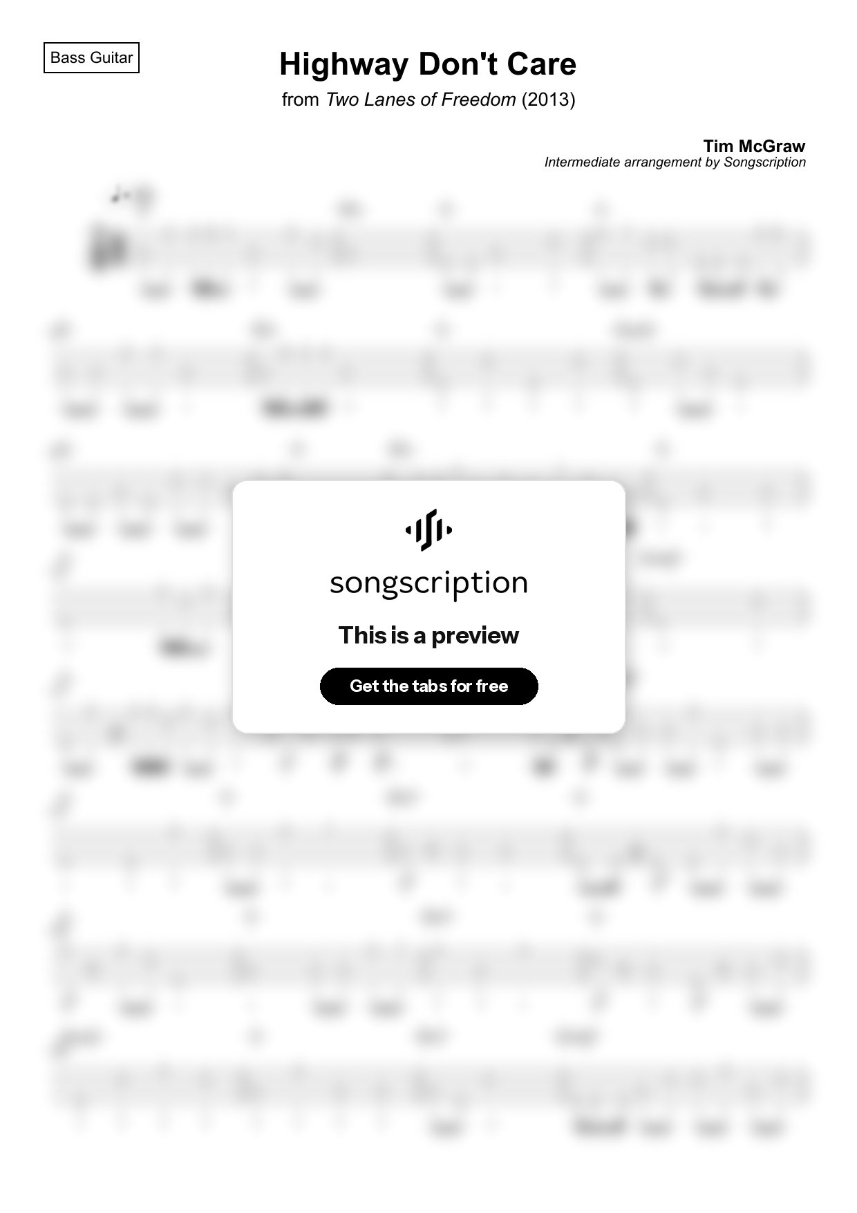 Intermediate Bass Guitar Tabs for "Highway Don't Care" by Tim McGraw