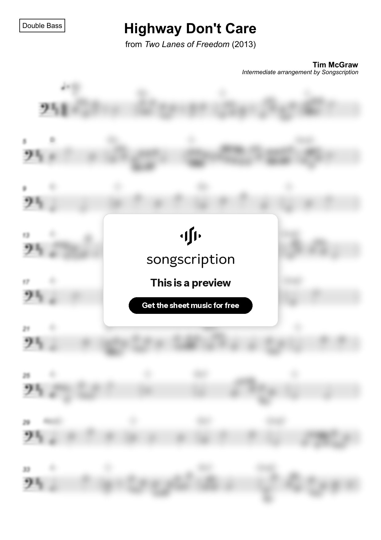 Intermediate Double Bass Sheet Music for "Highway Don't Care" by Tim McGraw