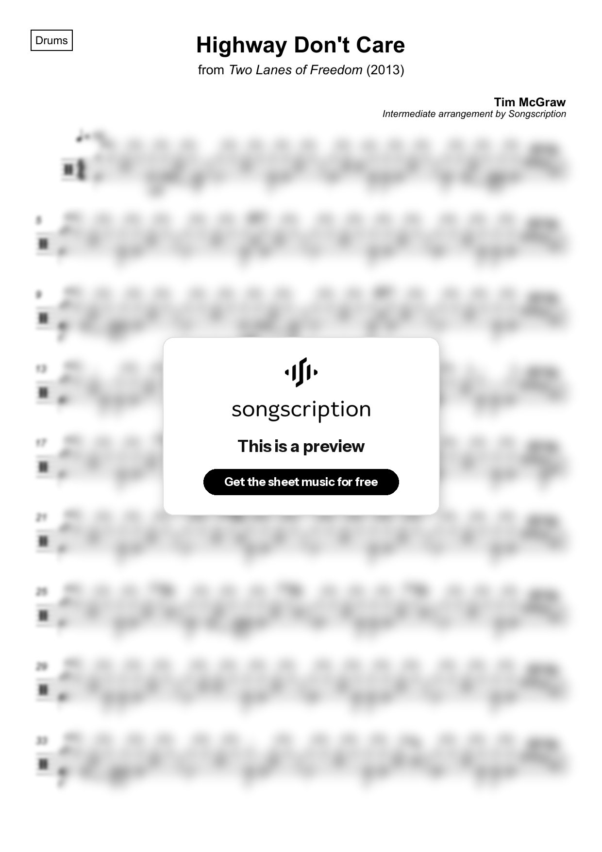 Intermediate Drums Sheet Music for "Highway Don't Care" by Tim McGraw