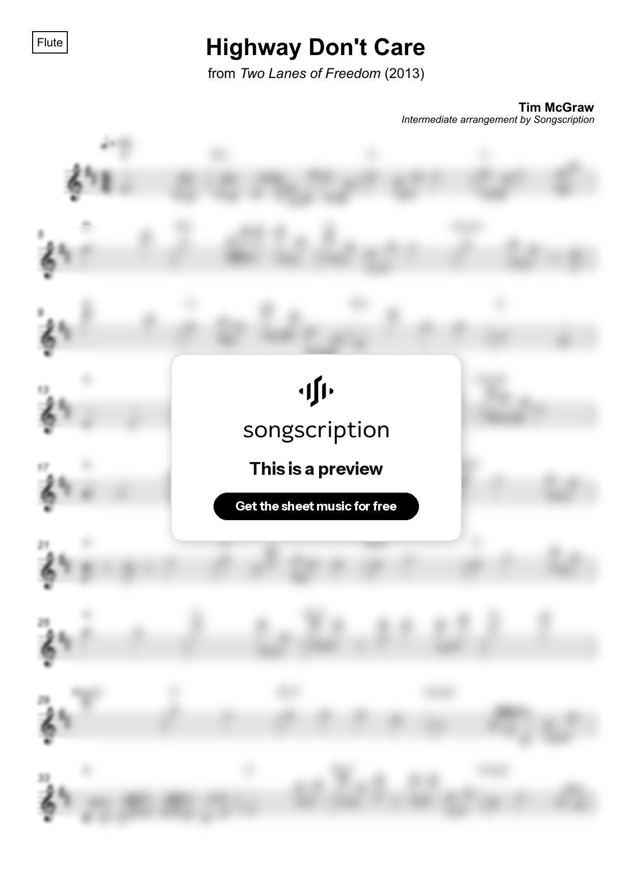 Intermediate Flute Sheet Music for "Highway Don't Care" by Tim McGraw