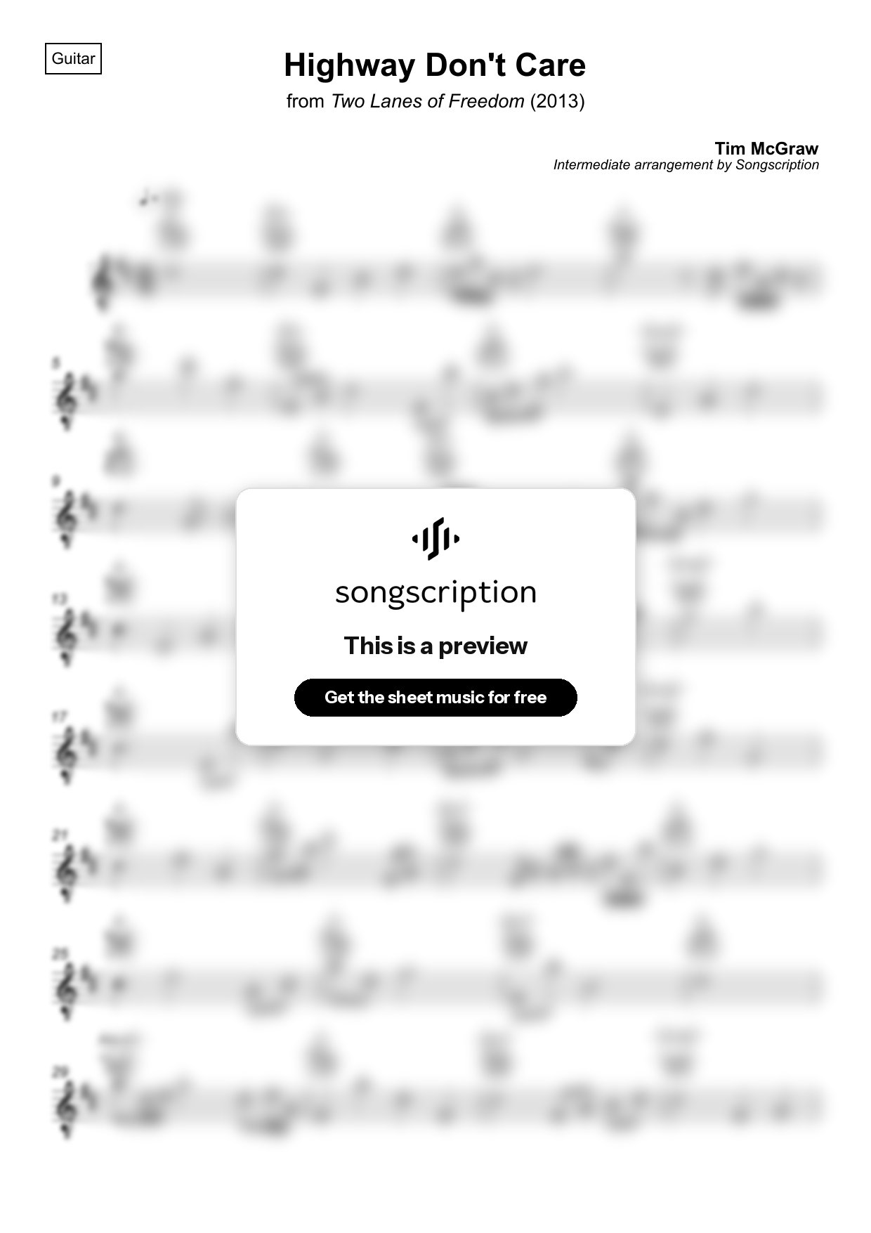 Intermediate Acoustic Guitar Sheet Music for "Highway Don't Care" by Tim McGraw