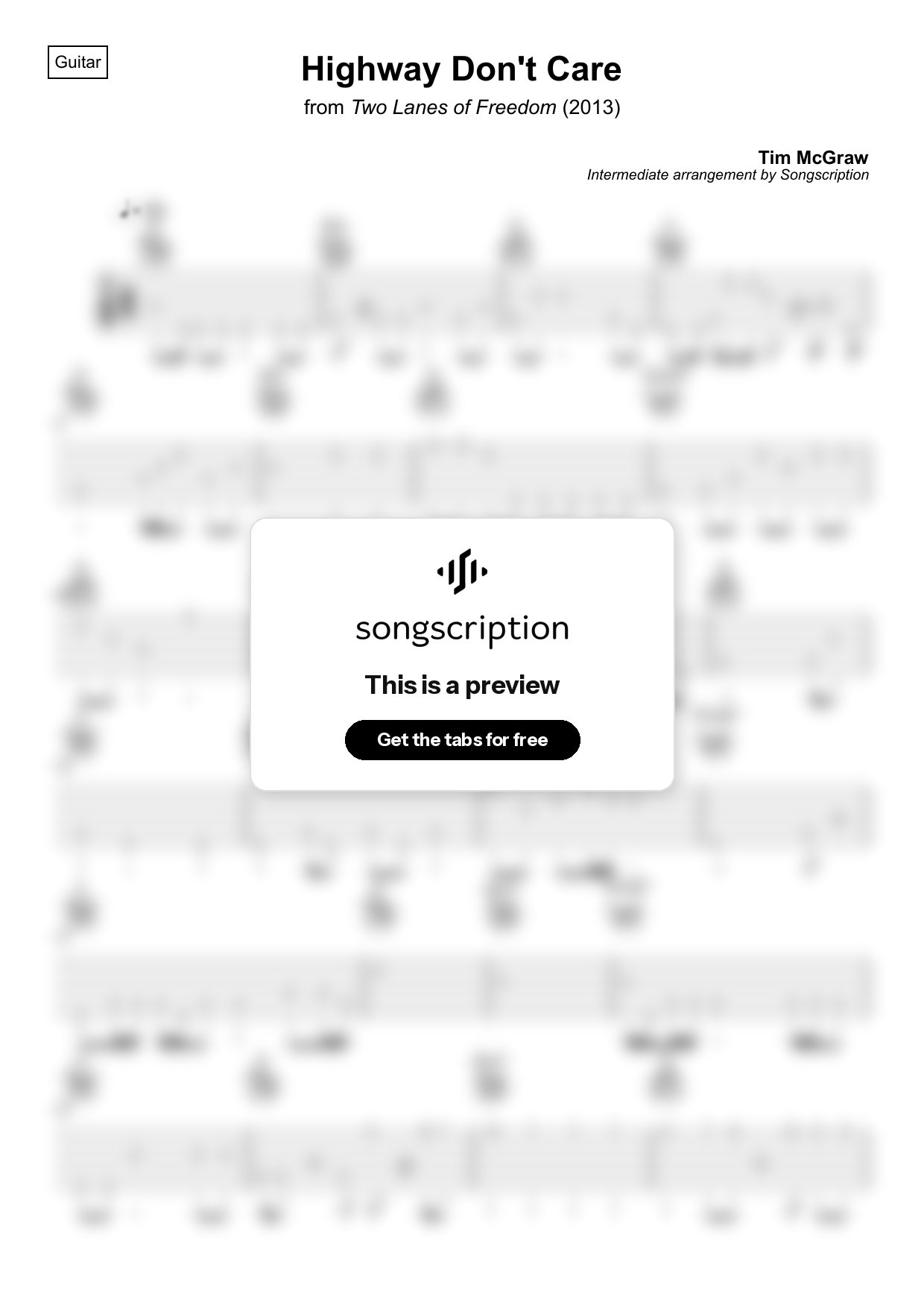 Intermediate Acoustic Guitar Tabs for "Highway Don't Care" by Tim McGraw