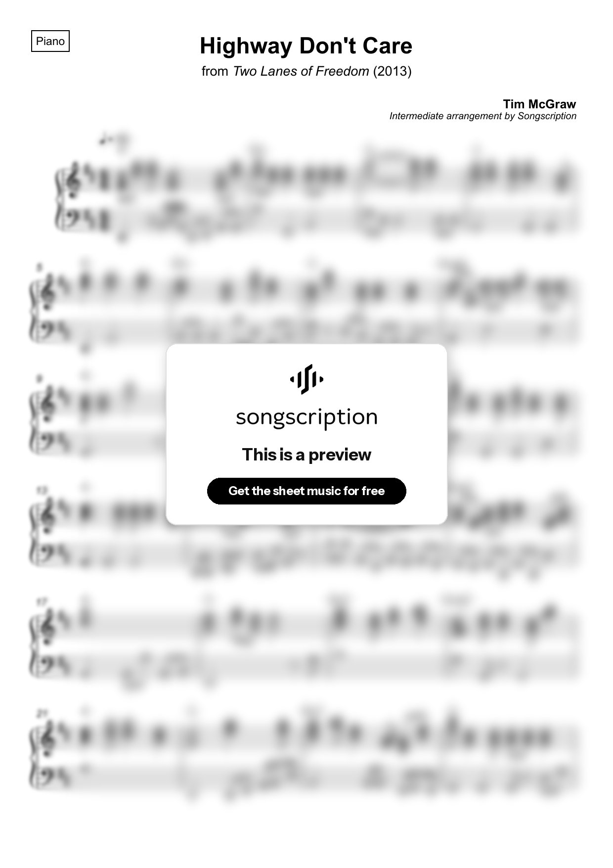Intermediate Piano Sheet Music for "Highway Don't Care" by Tim McGraw