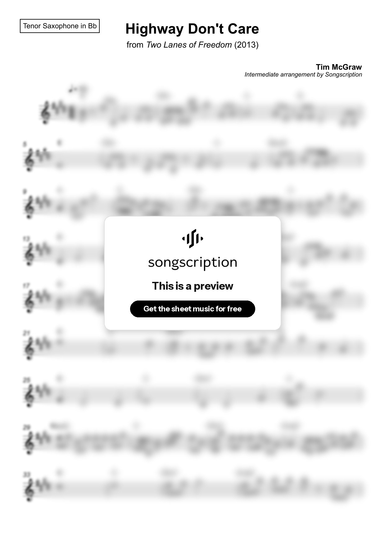 Intermediate Tenor Sax Sheet Music for "Highway Don't Care" by Tim McGraw