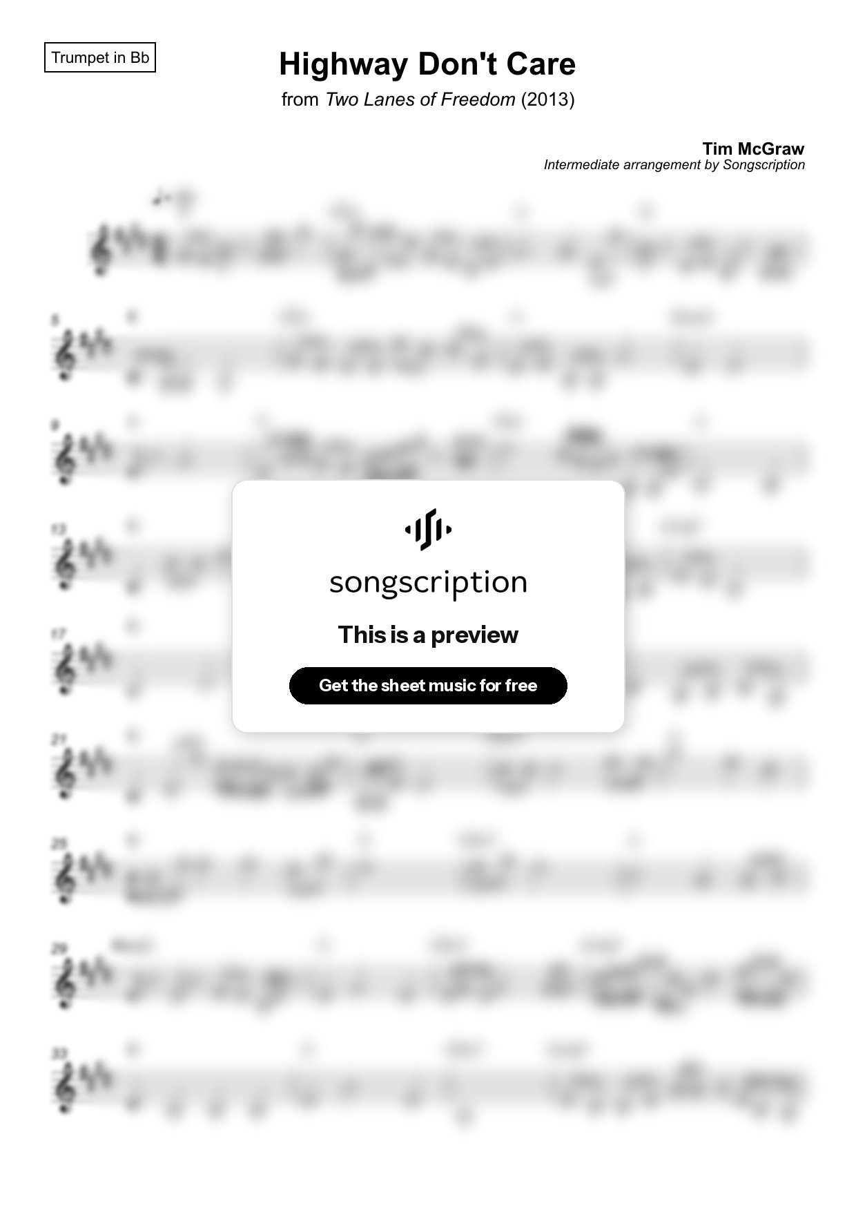 Intermediate Trumpet Sheet Music for "Highway Don't Care" by Tim McGraw