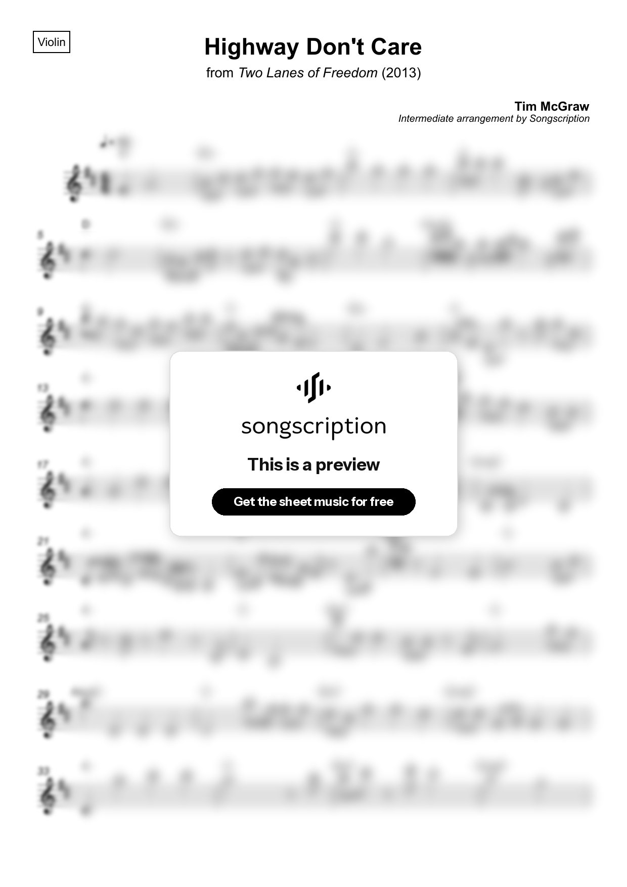 Intermediate Violin Sheet Music for "Highway Don't Care" by Tim McGraw