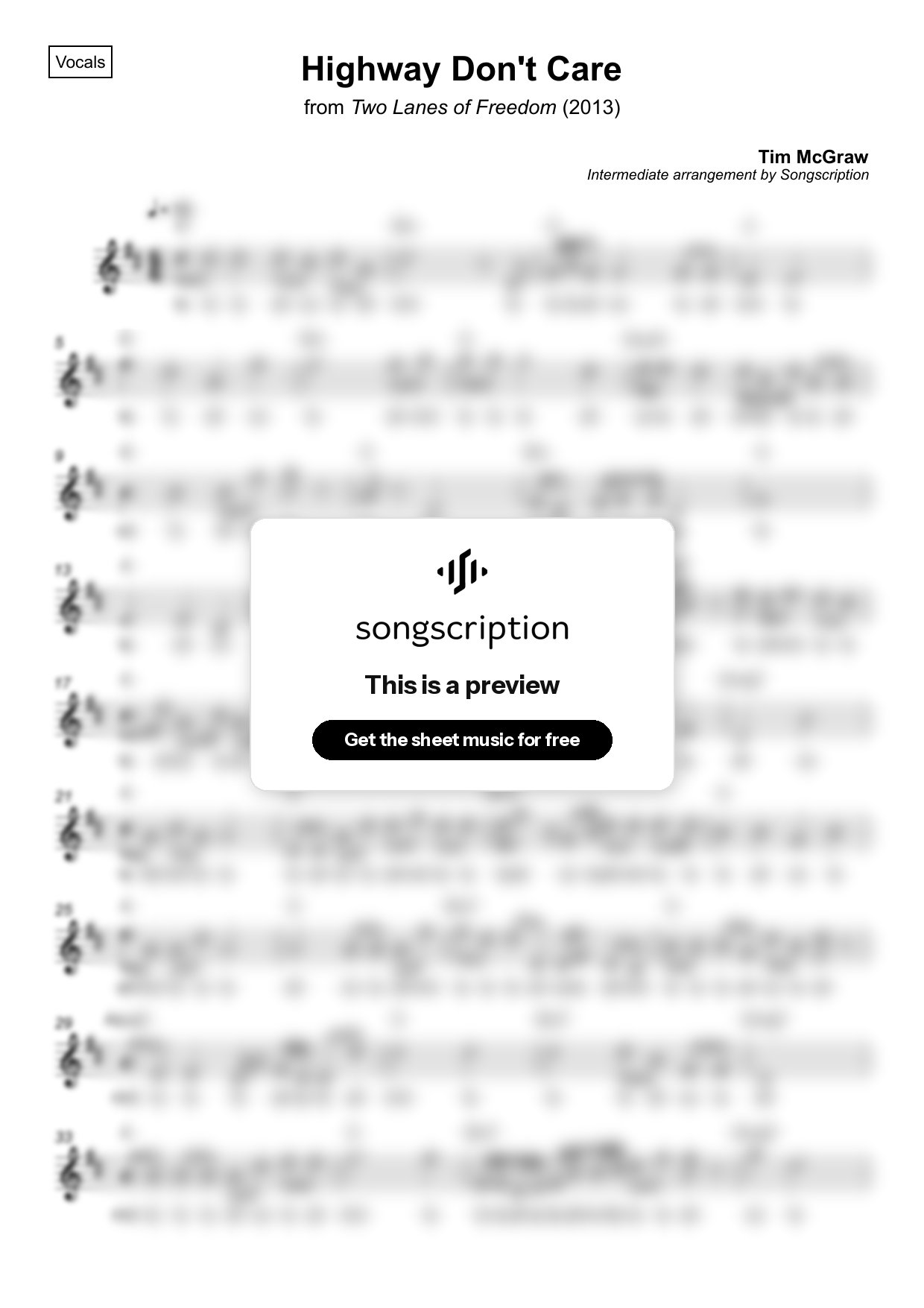 Intermediate Vocals Sheet Music for "Highway Don't Care" by Tim McGraw