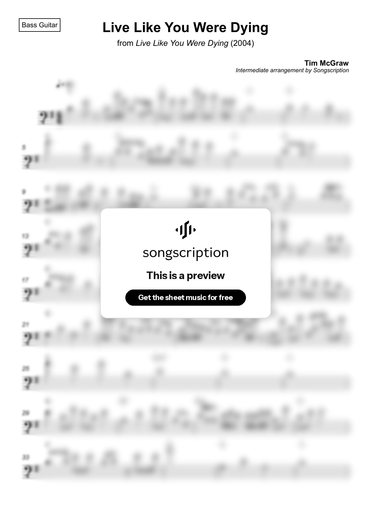 Intermediate Bass Guitar Sheet Music for "Live Like You Were Dying" by Tim McGraw
