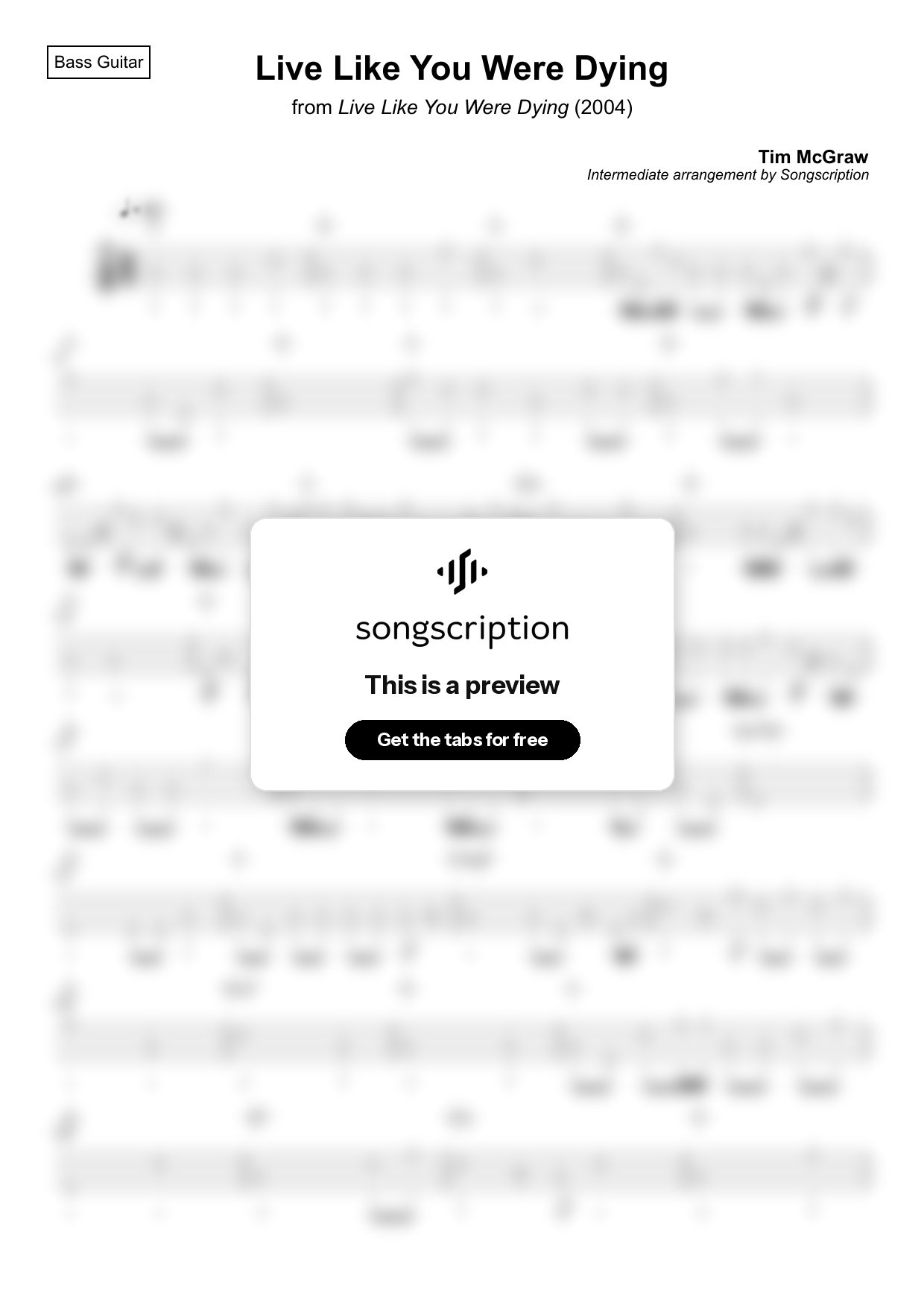 Intermediate Bass Guitar Tabs for "Live Like You Were Dying" by Tim McGraw