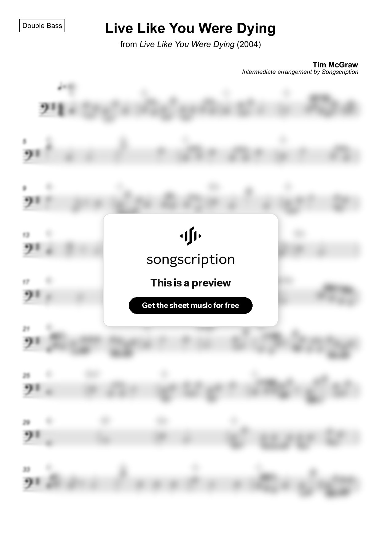 Intermediate Double Bass Sheet Music for "Live Like You Were Dying" by Tim McGraw