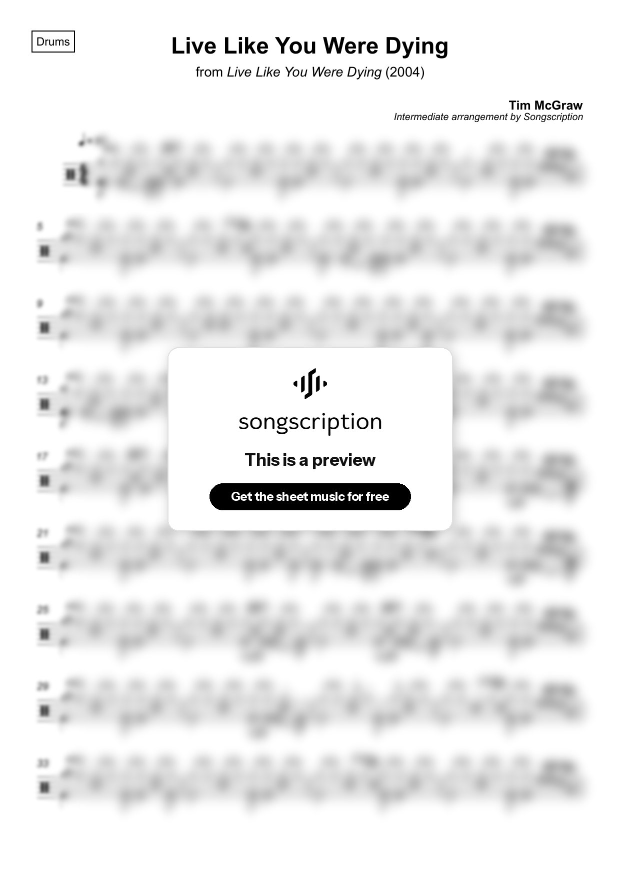 Intermediate Drums Sheet Music for "Live Like You Were Dying" by Tim McGraw