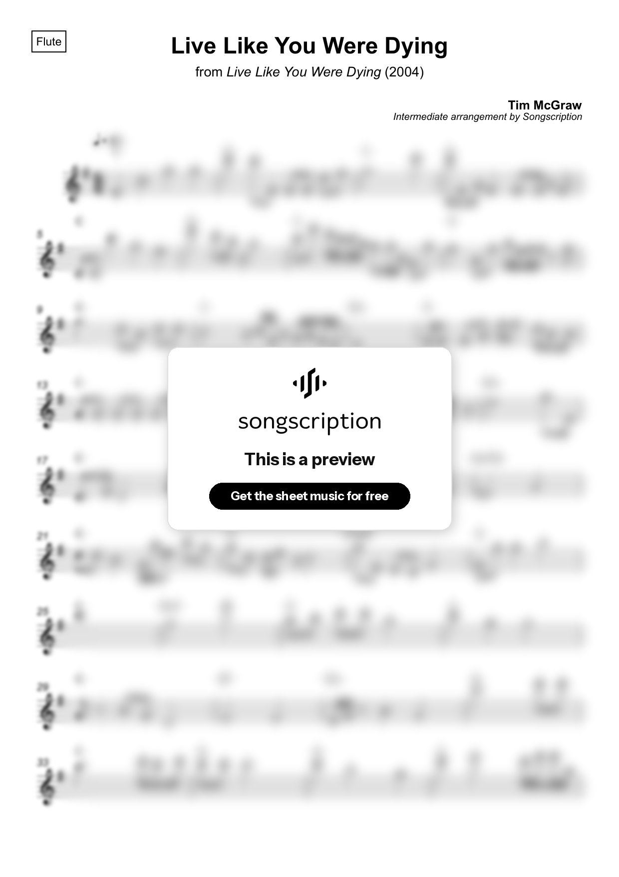 Intermediate Flute Sheet Music for "Live Like You Were Dying" by Tim McGraw
