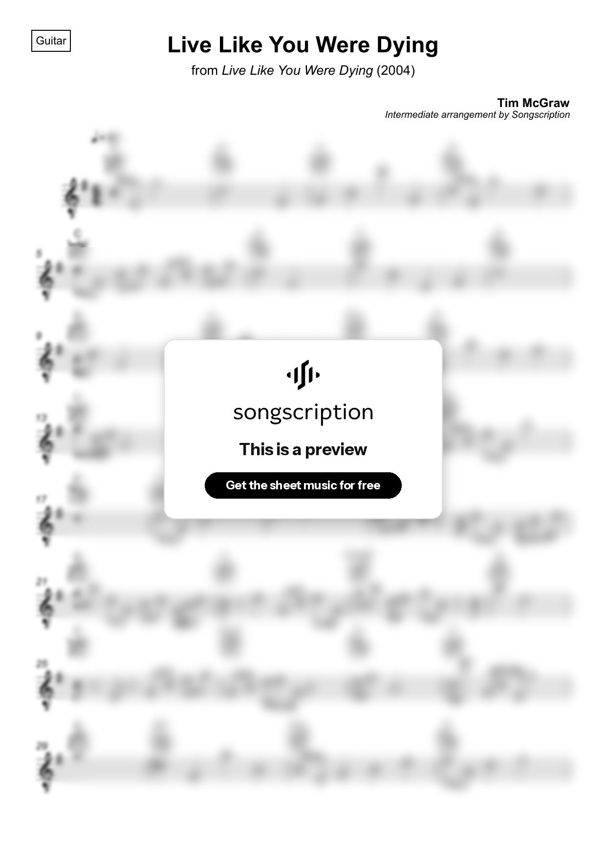 Intermediate Acoustic Guitar Sheet Music for "Live Like You Were Dying" by Tim McGraw