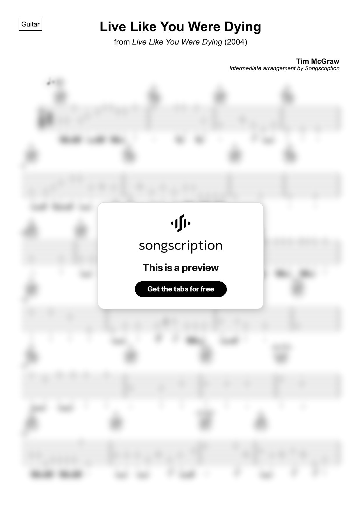 Intermediate Acoustic Guitar Tabs for "Live Like You Were Dying" by Tim McGraw