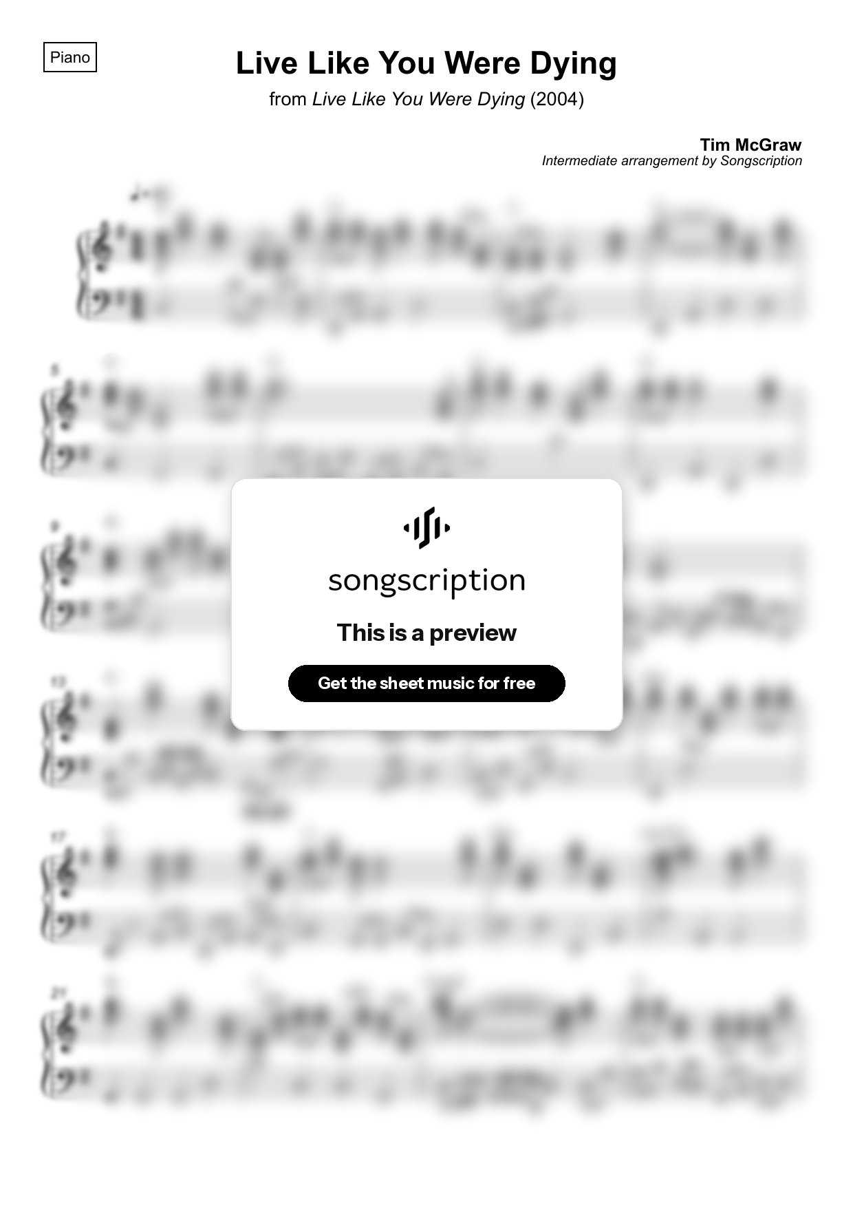 Intermediate Piano Sheet Music for "Live Like You Were Dying" by Tim McGraw