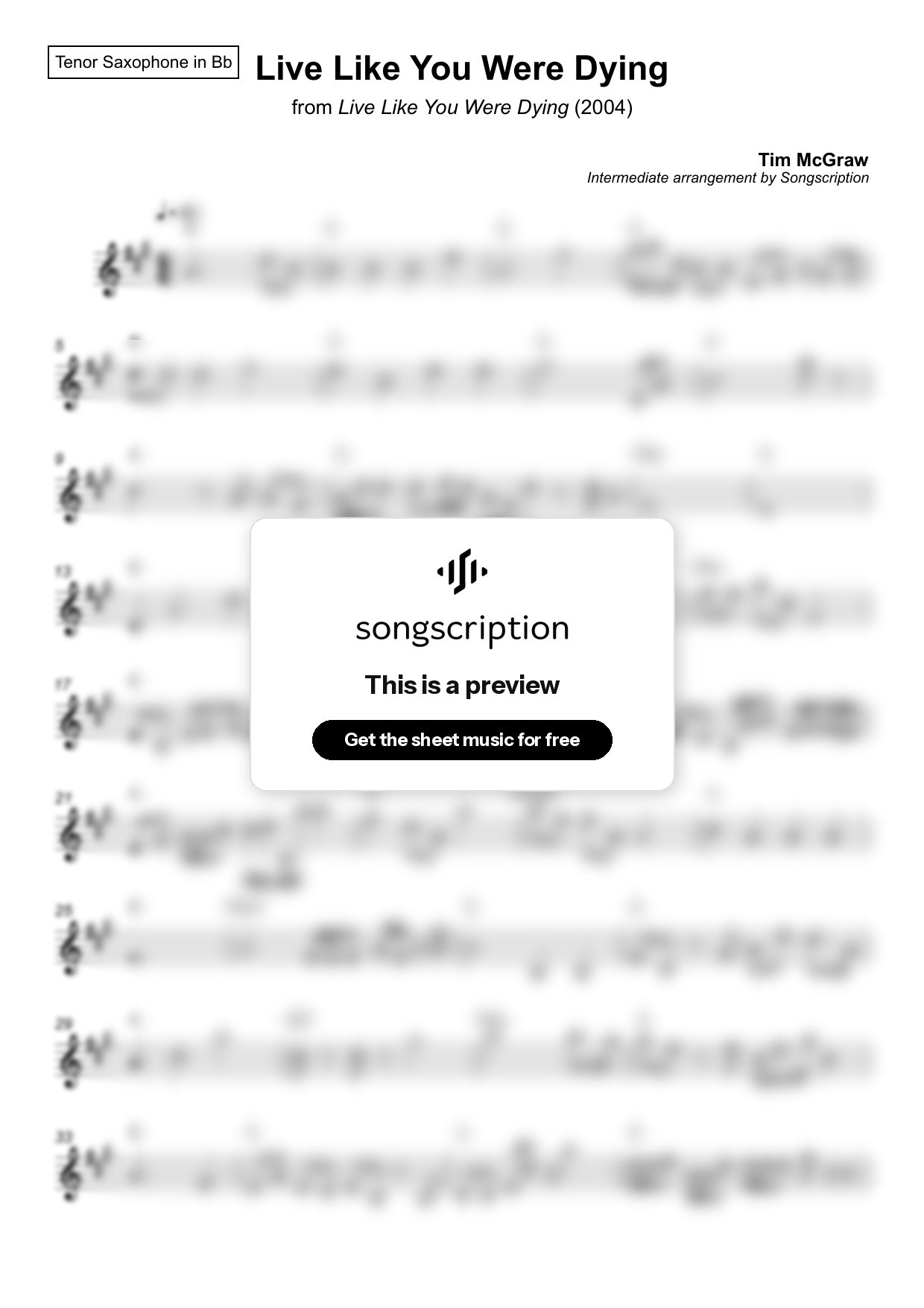 Intermediate Tenor Sax Sheet Music for "Live Like You Were Dying" by Tim McGraw