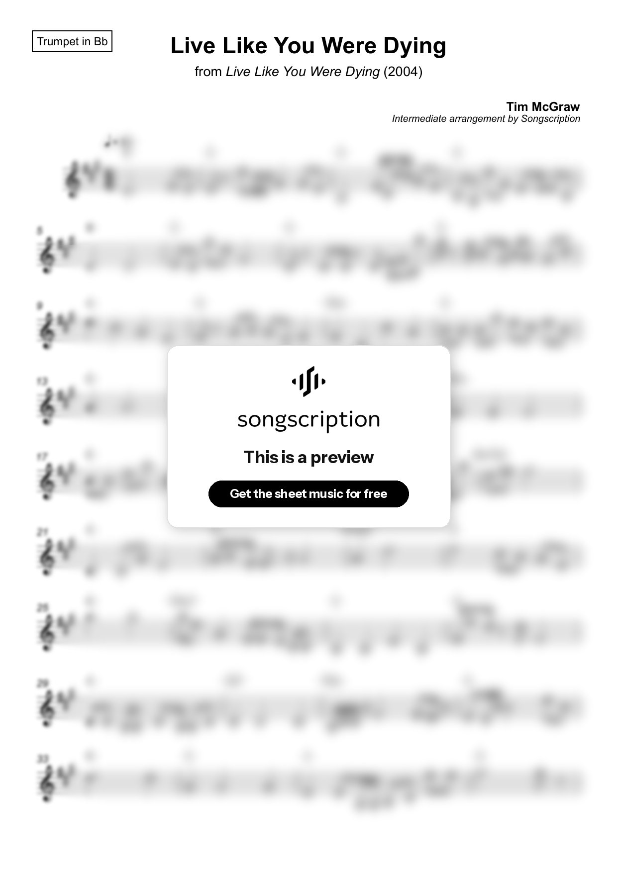 Intermediate Trumpet Sheet Music for "Live Like You Were Dying" by Tim McGraw